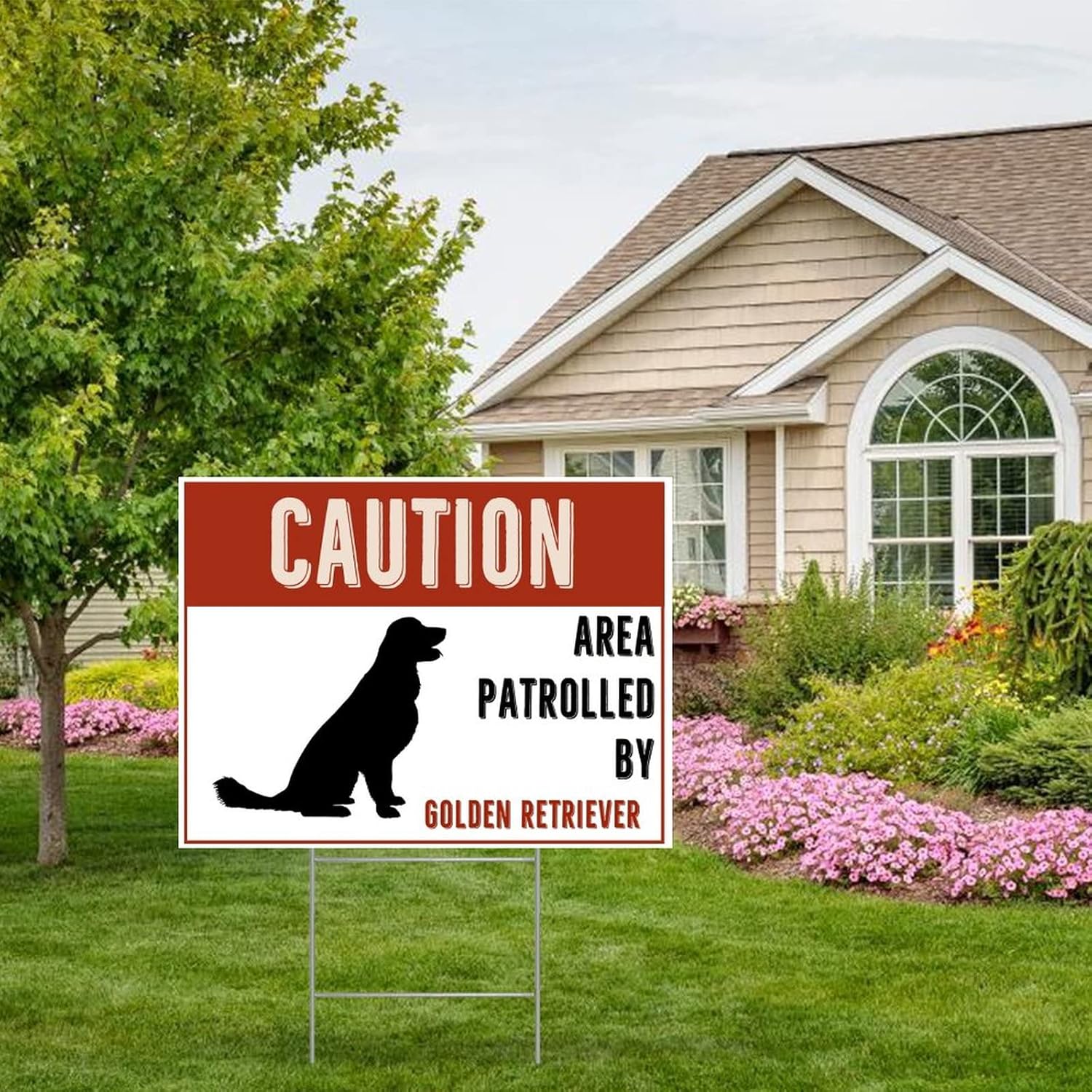 Farmhouse Decorative Yard Sign 18x24 Caution Area Patrolled by Golden Retriever Dog Waterproof Corrugated Plastic Warning Yard Sign with H-Stakes Decor for Lawn Garden Yard Home Outdoor