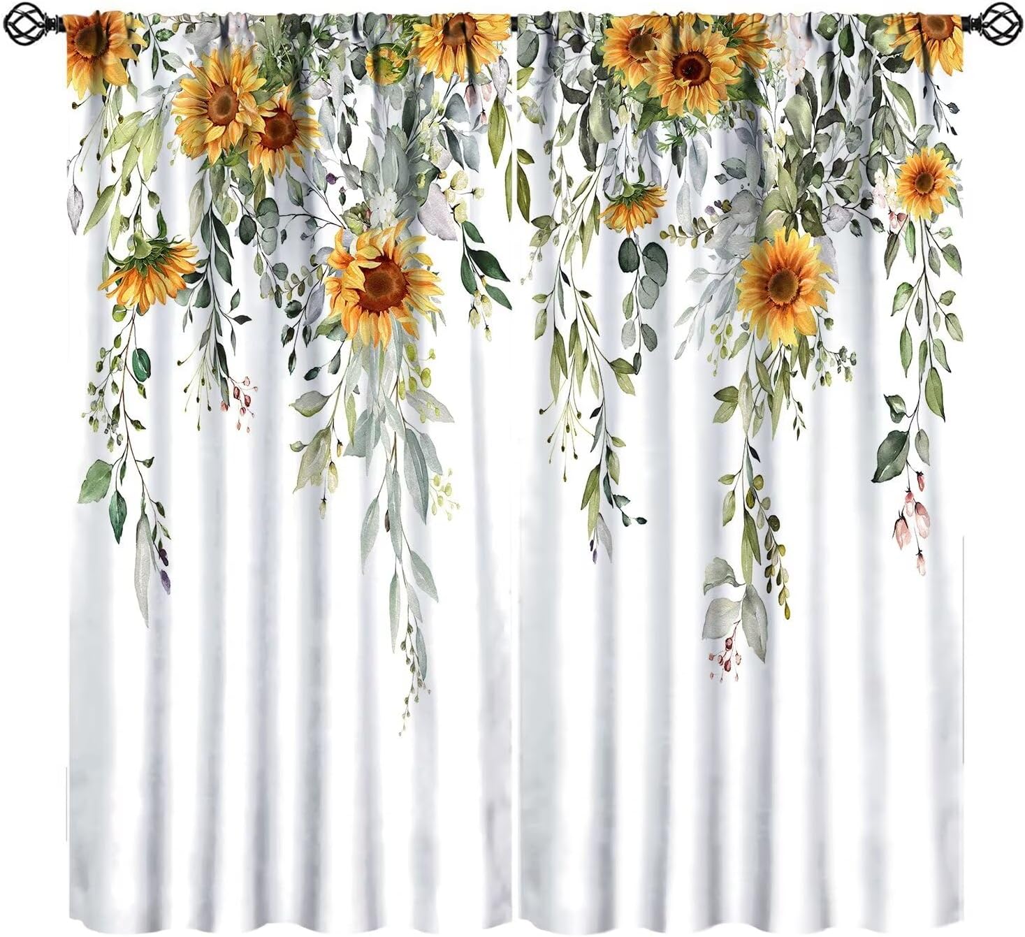 Eucalyptus Leaves Curtains Sunflower Floral Art Printed Blackout Window Drapes for Bedroom Kitchen Decor Fabric Set 2 Panel 55x63 Inch 80% Shading Rate
