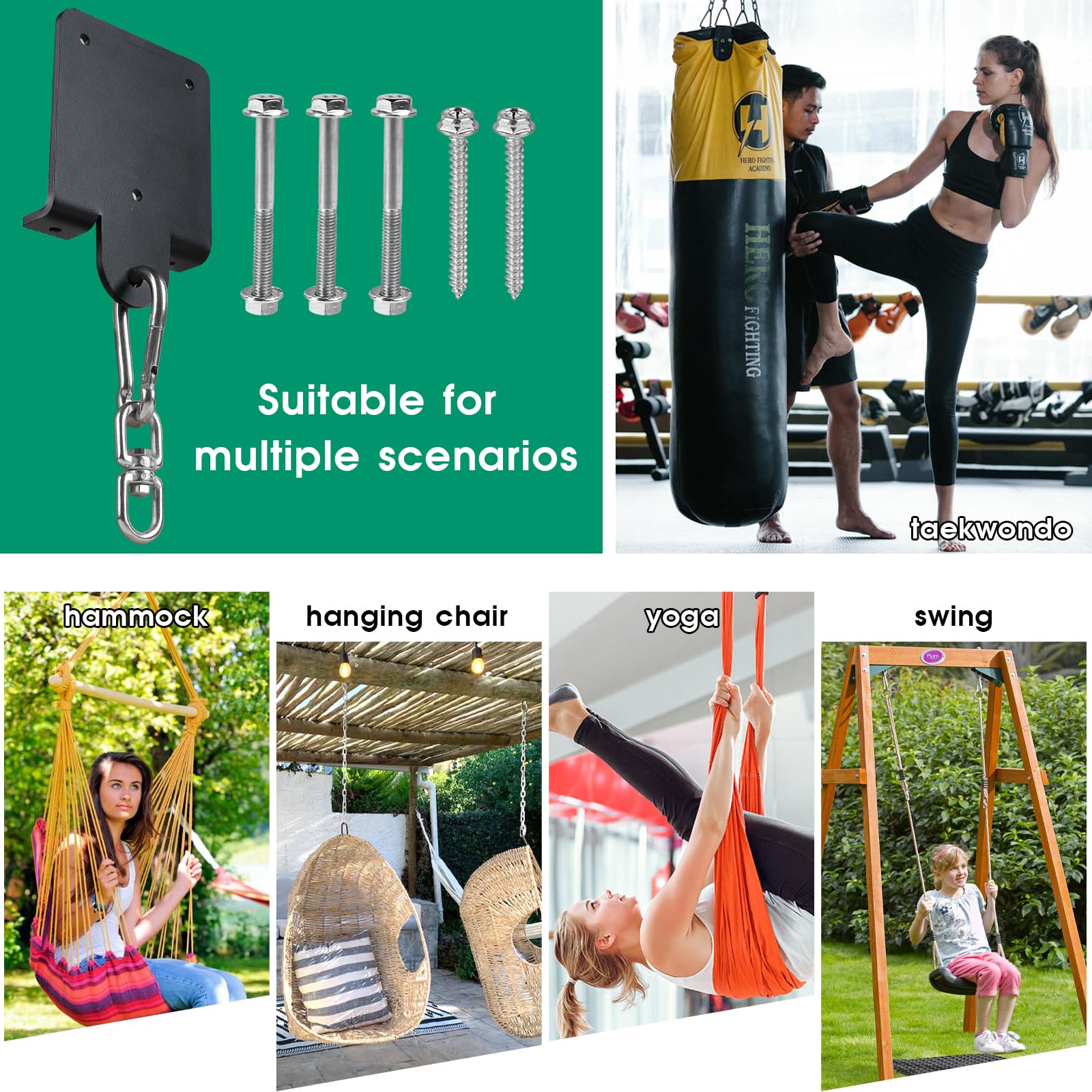 1 Pezzo Supporto Pesante per Sacco da Boxe – Staffa da Parete/Soffitto – Ganci Robusti Girevoli a 360° per Travi in Legno – per Allenamenti di Boxe, Muay Thai, Yoga Aereo, Altalene, Amaca