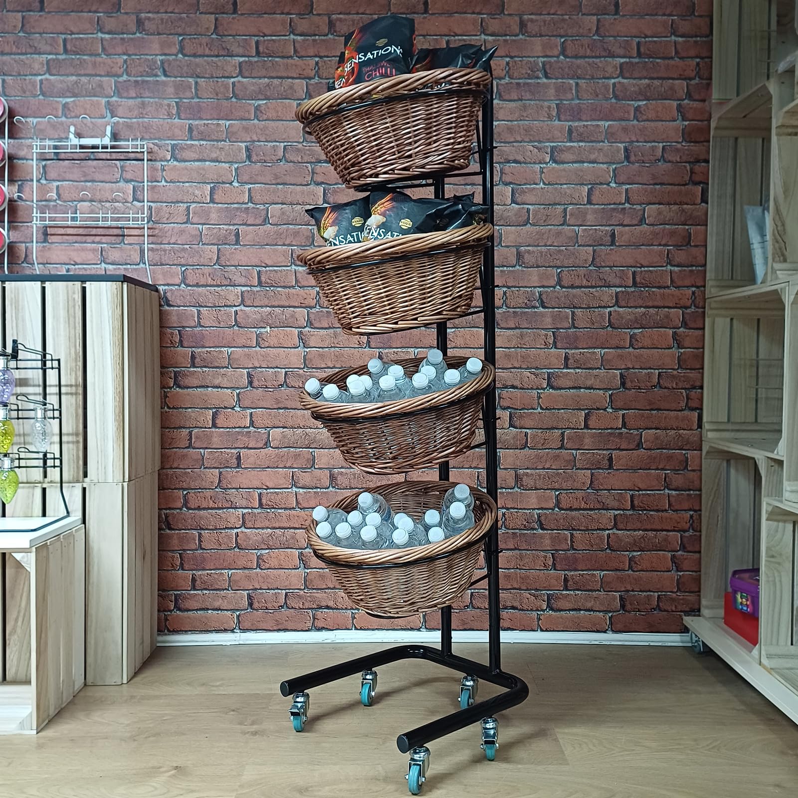 Basket Stand - 4 Tier Wicker Basket Display for Bread, Crisps, Snacks Black Frame (DA1) (With Wheels)