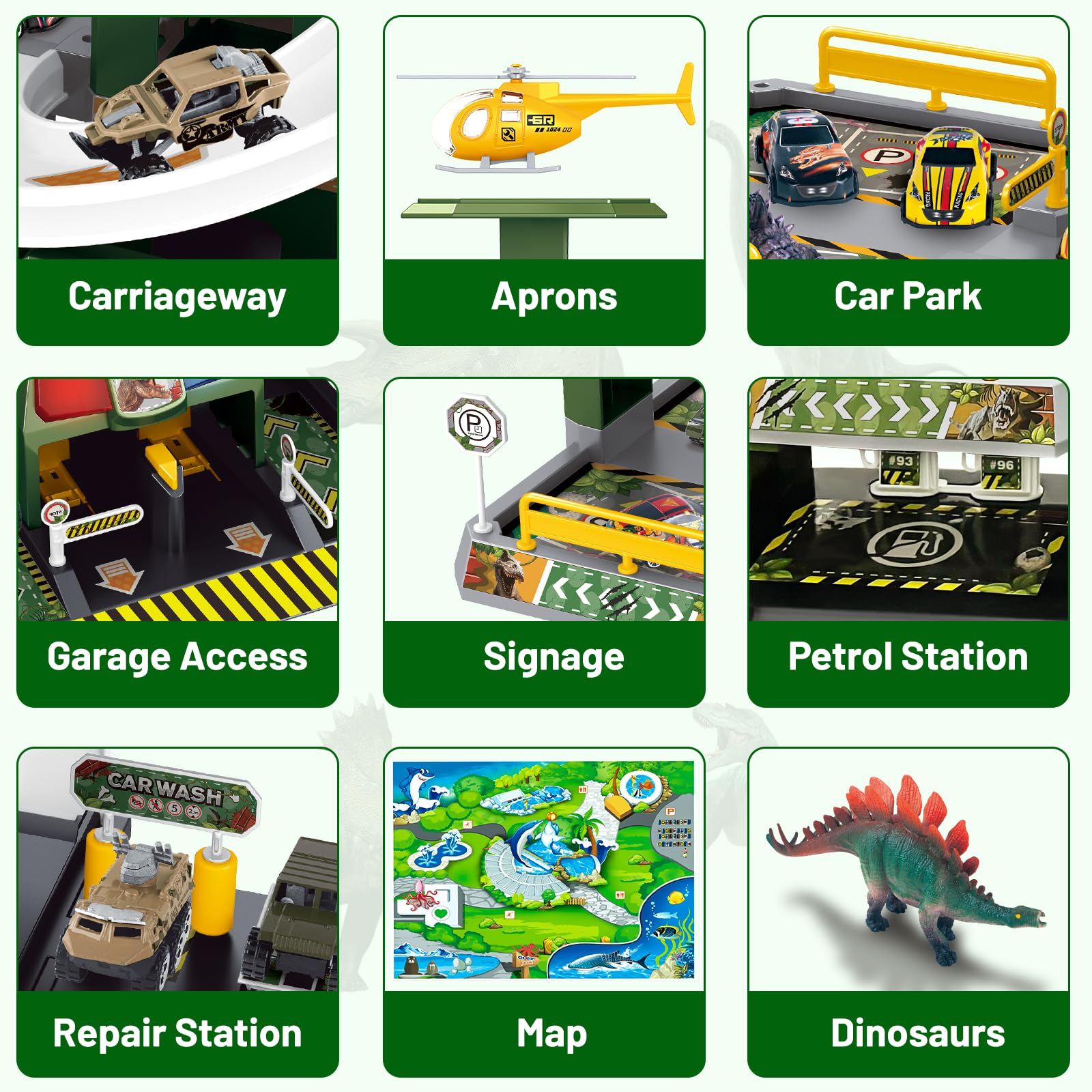 BuzzoXerex 5 Piani Garage Mmacchine per Bambini, Parcheggio Macchinine con 14 Autos e 2 Elicottero, Giocattolo Auto Garage con Ascensore e Rampe, Idea Regalo per Bambini 5 6 7 8 9 Anni (Dinosauro)