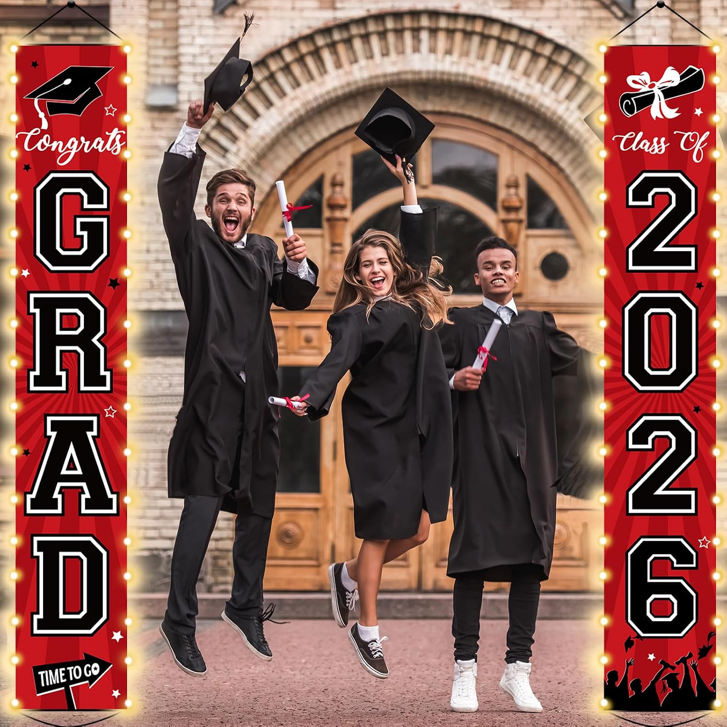2026 Graduation Banners Class of 2026 Congrats Grad Porch Sign Party Lighted Decorations Supplies Welcome Hanging Door Decor with LED Light Banners for Indoor Outdoor(Red and Black)