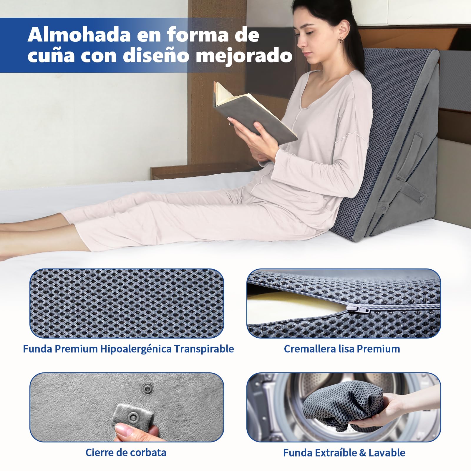 KingPavonini Almohada Cuña, Ajustable a 19, 23, 28 y 30,4 cm, Gel Memory Foam, Almohada Postquirúrgica para Soporte de Espalda, Piernas y Rodillas, Previene Reflujo Ácido, Bacterias, Acidez y Ronquido