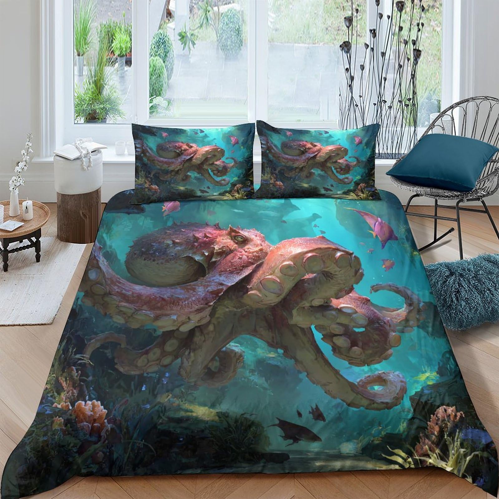 Ctjqhvkz Style-10 3D Printed Octopus Ocean Fitted Sheet Microfiber Soft Slip-Resistant Coral Reef Mattress Cover For Bedroom Decor Single（135X200cm）