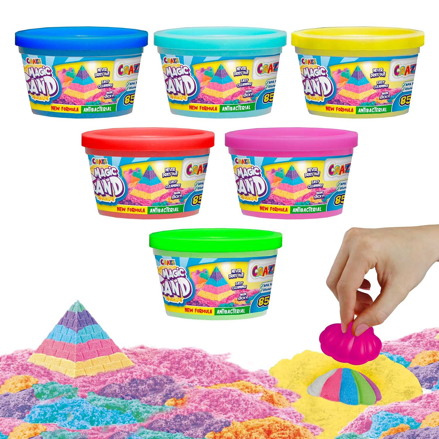 CRAZE MAGIC SAND | Magischer Sand 6er Pack , 6x Dose Knetsand in 6 Farben , bunter magischer Sand Nachfüllset , 510 g