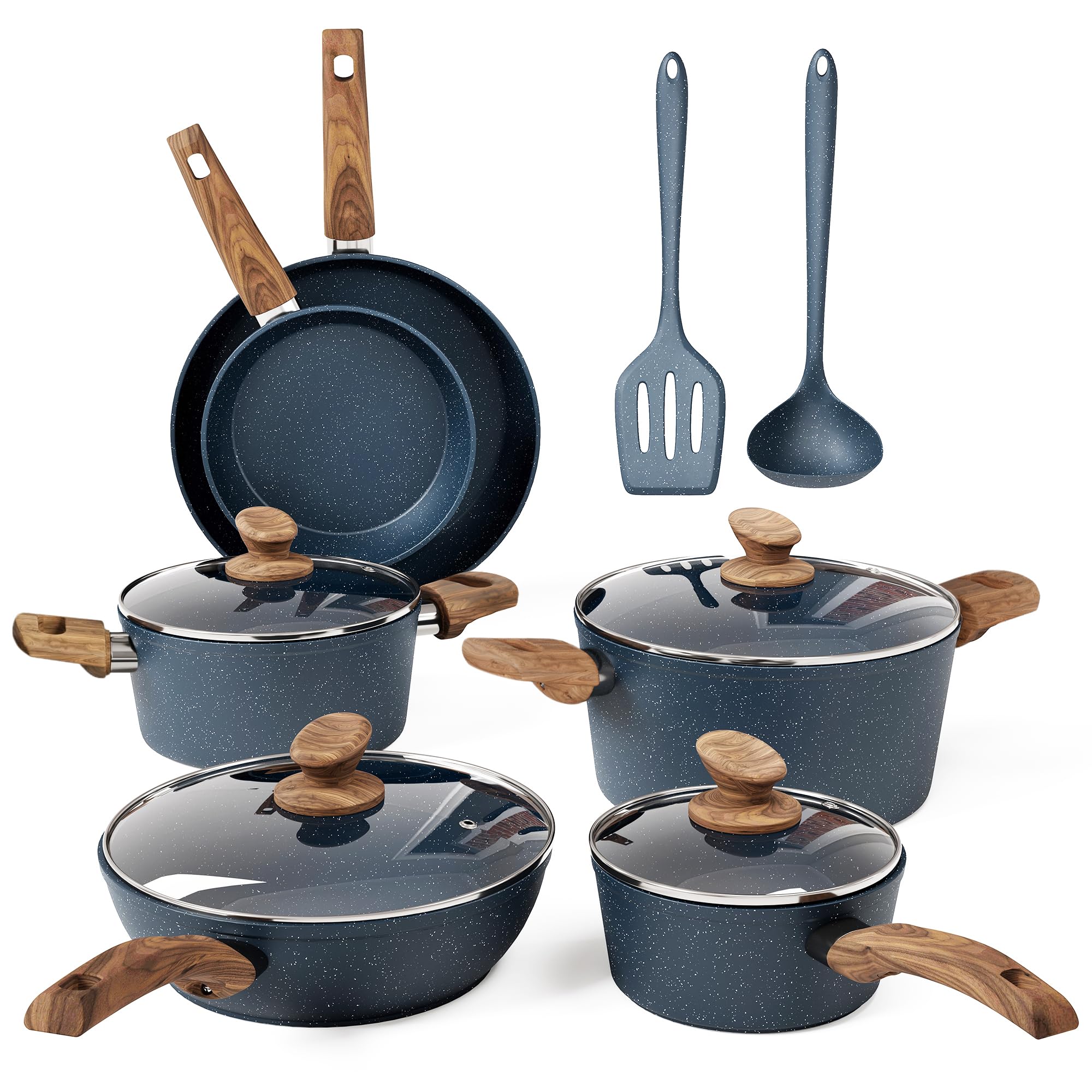 Kitchen Academy - Set di pentole e padelle con rivestimento antiaderente, 12 pezzi, set di pentole e padelle per induzione, fornelli a gas e microonde, blu