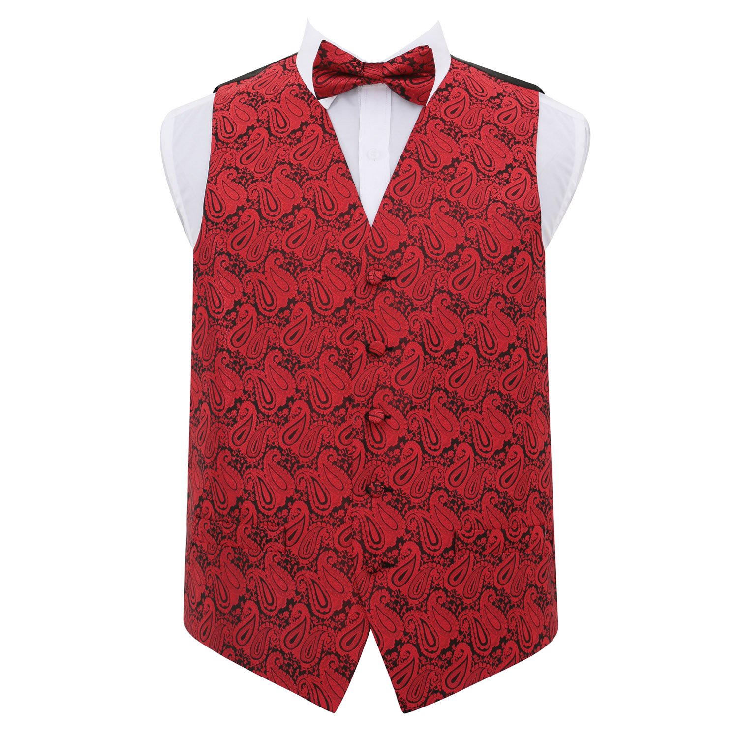 DQT Men’s Paisley Floral Wedding Waistcoat Vest & Bow Tie Set – Groom Formal Suit – Black & Red 46" (3XL)