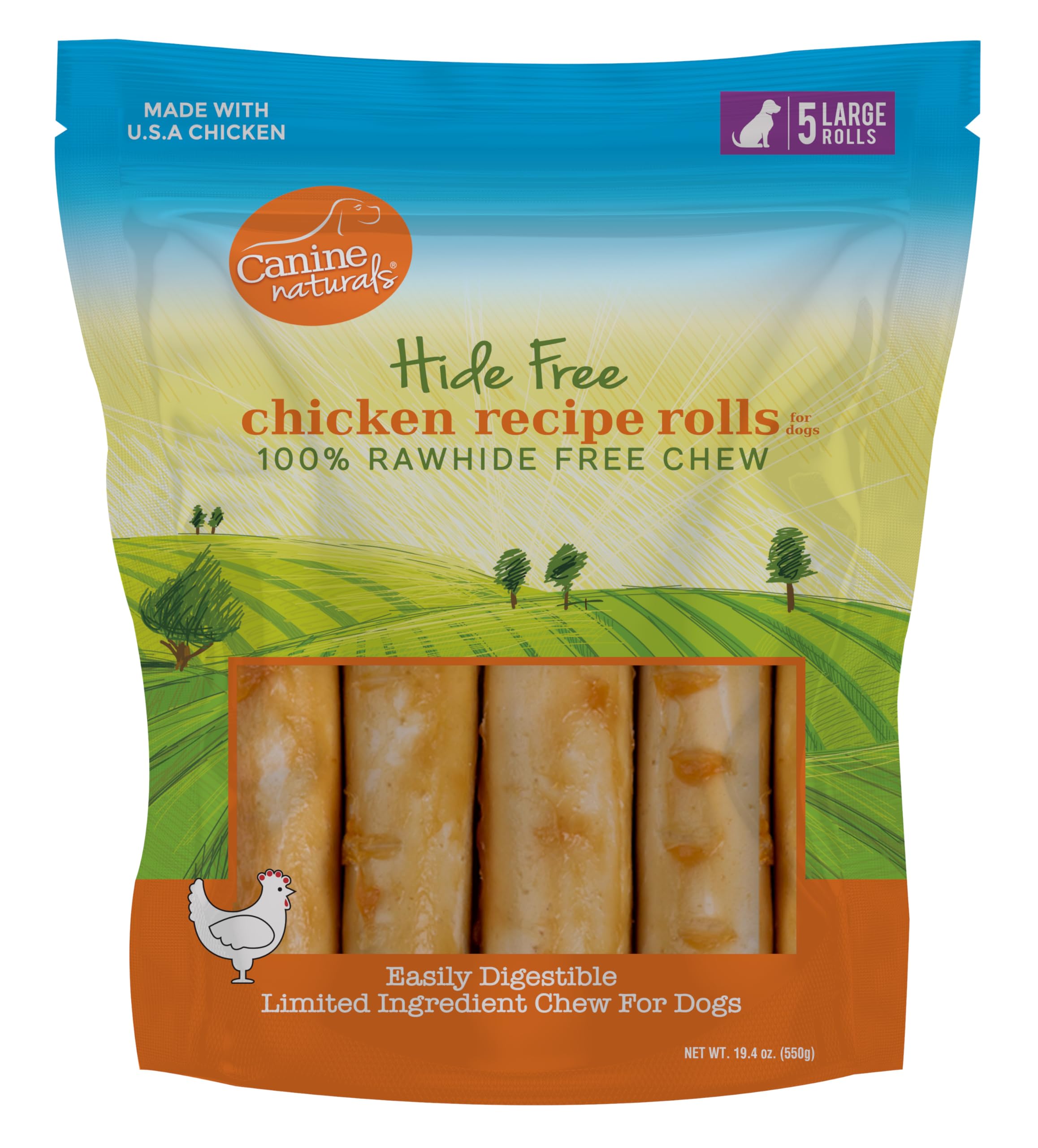 Canine Naturals Chicken Recipe Chew – Rohlederfreie Hundeleckerlis – aus den USA erhöhtem Huhn – ganz natürlich und leicht verdaulich – 5 Packungen mit 17,8 cm großen Rollen für Hunde 22,7-34 kg