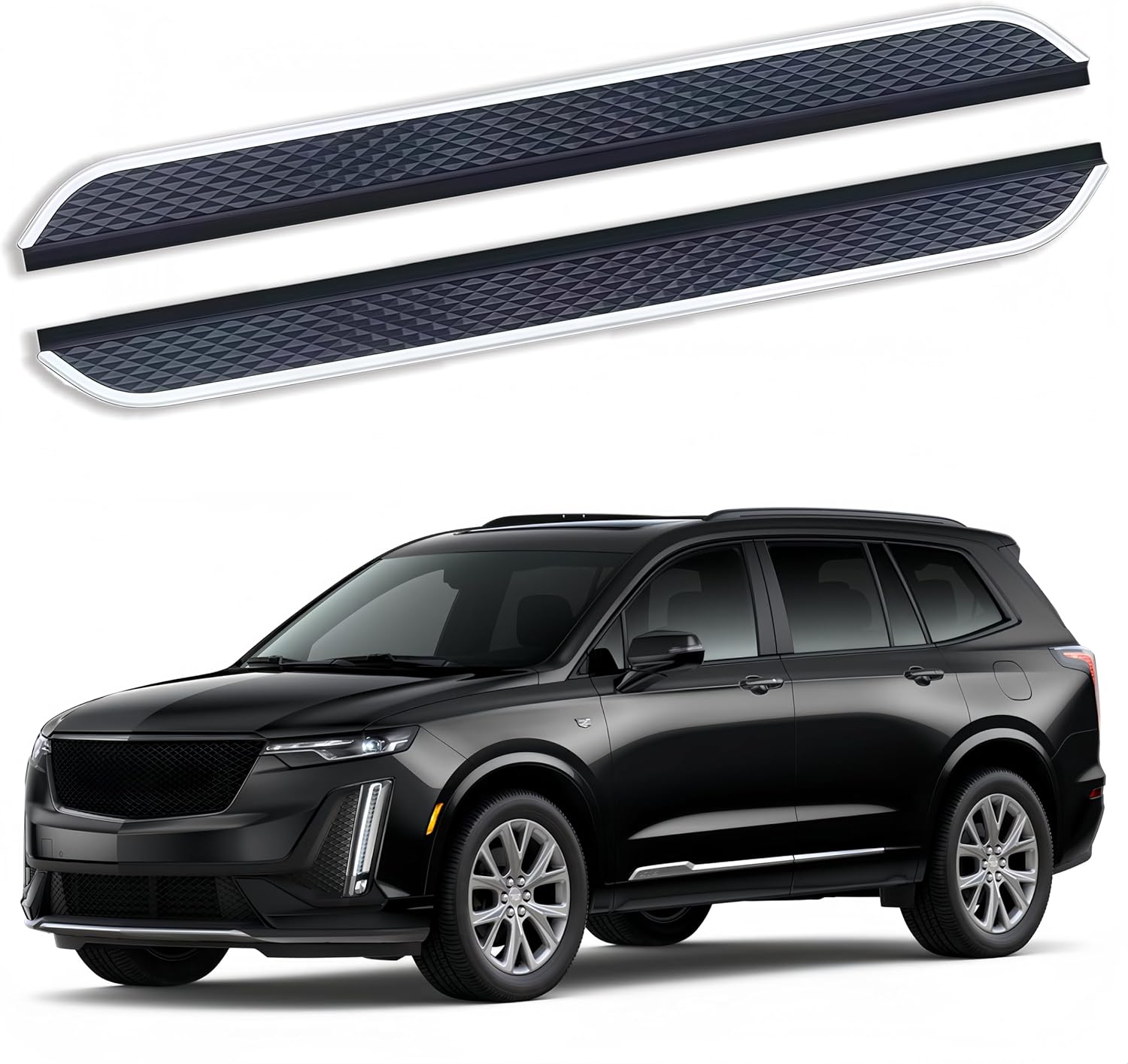 2PCS Running Boards Compatible with Cadillac XT6 2020-2025 Black with Silver Side Step Bars Board Pedals Aluminum Anti Slip