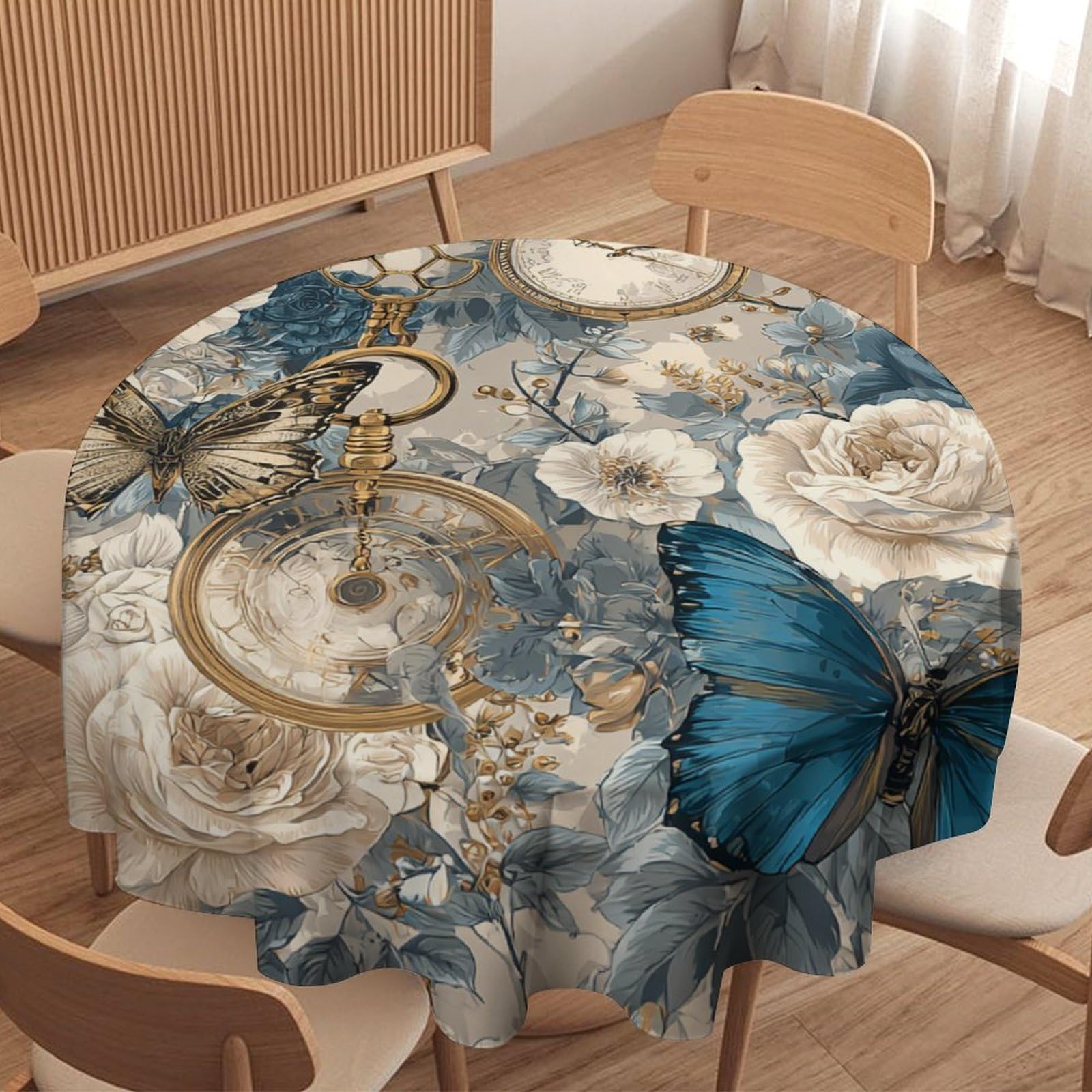 Luyysky Romantic Retro Butterfly Waterproof Round Tablecloth Classic Modern Animal Butterflies White Roses Flowers Clocks Washable Table Cover For Kitchen-91.4" Wx91.4 L Cm
