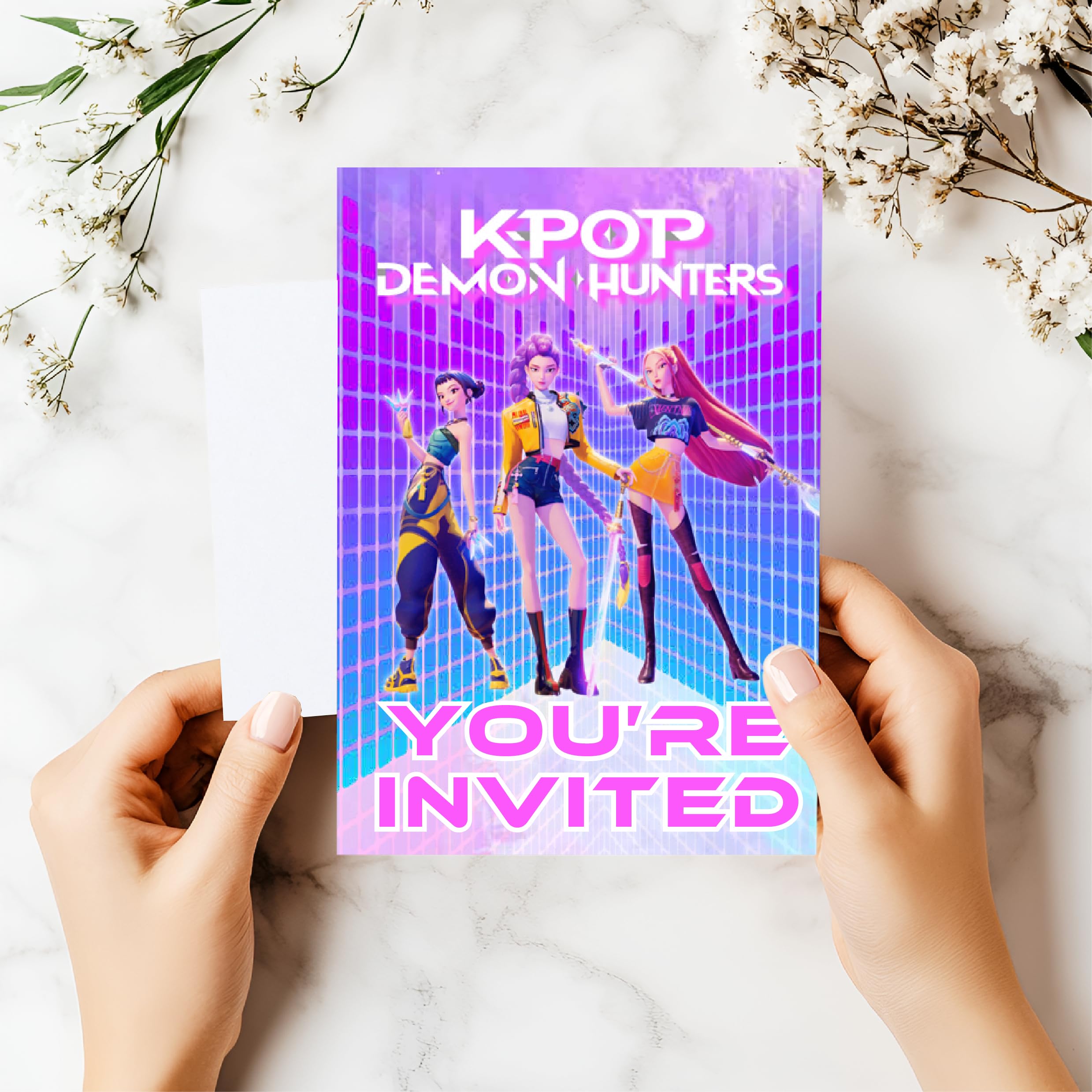 Smith Bros Printers 1898 KPop Demon Hunters A6 Two Sided Invitations (WRITE ON) Birthday Party Invites (Pack of 24 & Envelopes and 24 'Thanks For Coming To My Party' 30mm Stickers) (Without Envelopes)