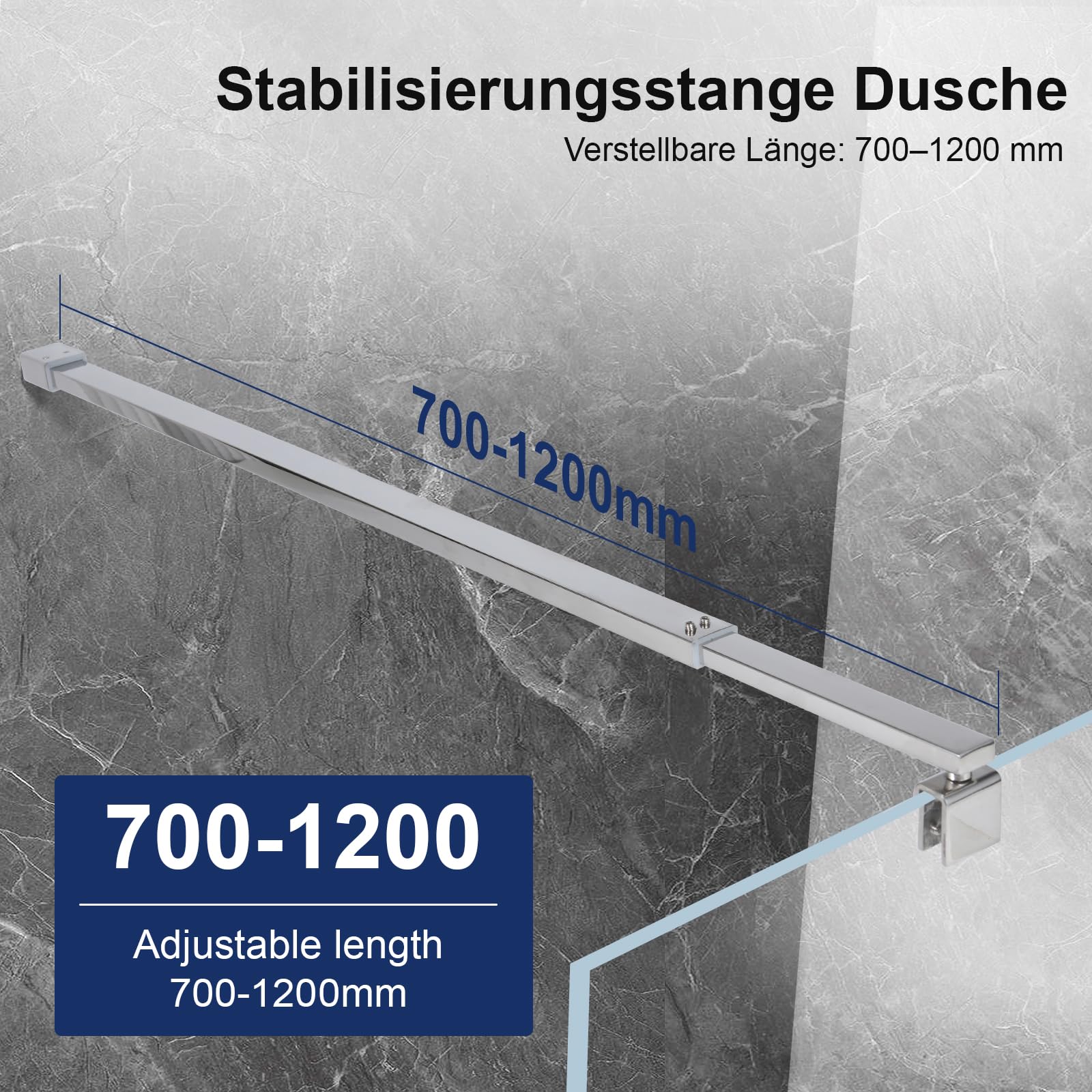 SVNR Barra telescópica ajustable para puerta de ducha de 700 mm a 1200 mm, acero inoxidable, forma cuadrada para mamparas de ducha húmedas y cabinas, apto para cristales de 8 – 10 mm, color plateado
