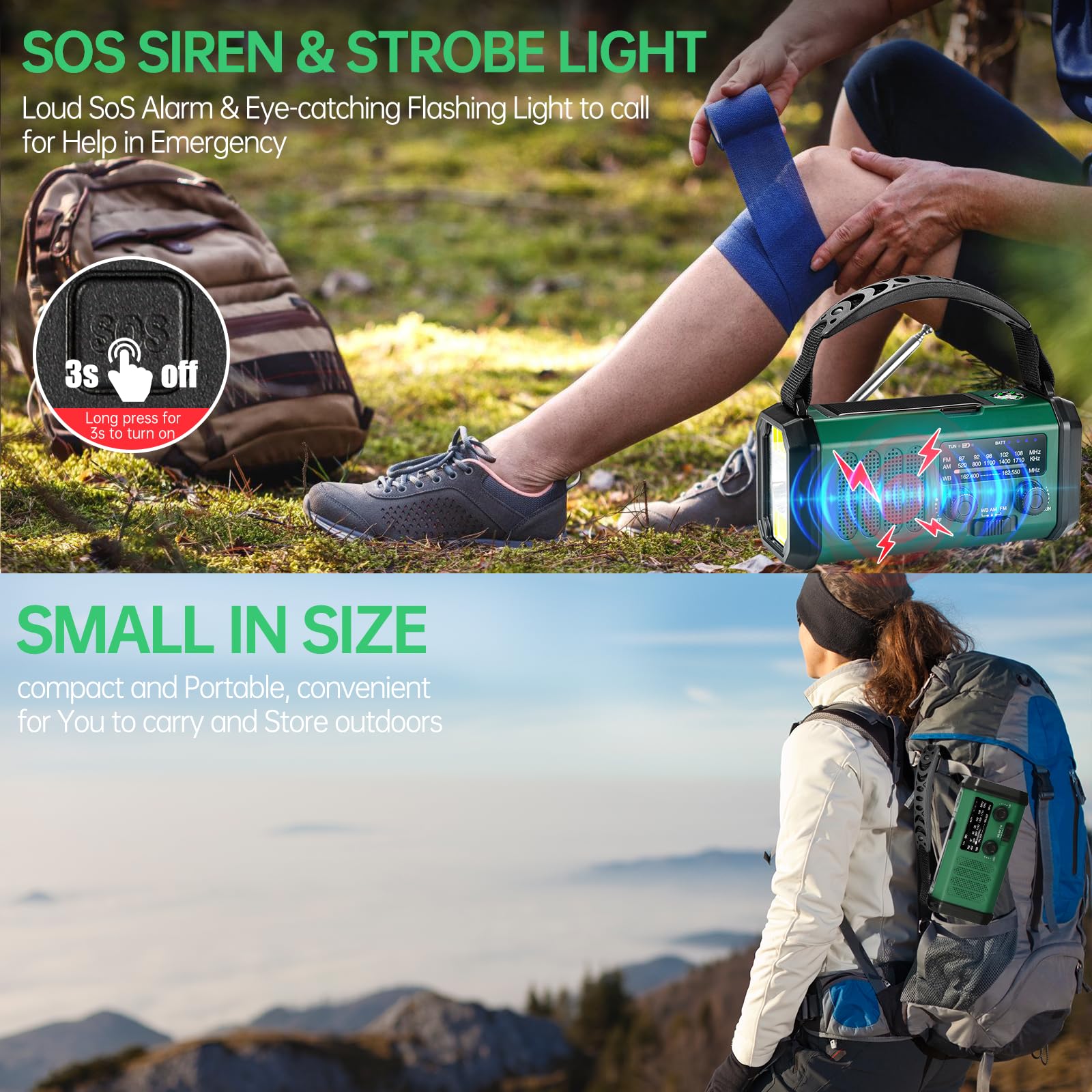Radio d'urgence à manivelle solaire, radio météo AM/FM/NOAA intégrée 20 000 mAh, chargeur de type C, lampe de poche, lampe de lecture, SOS, compacte et portable pour camping/situations