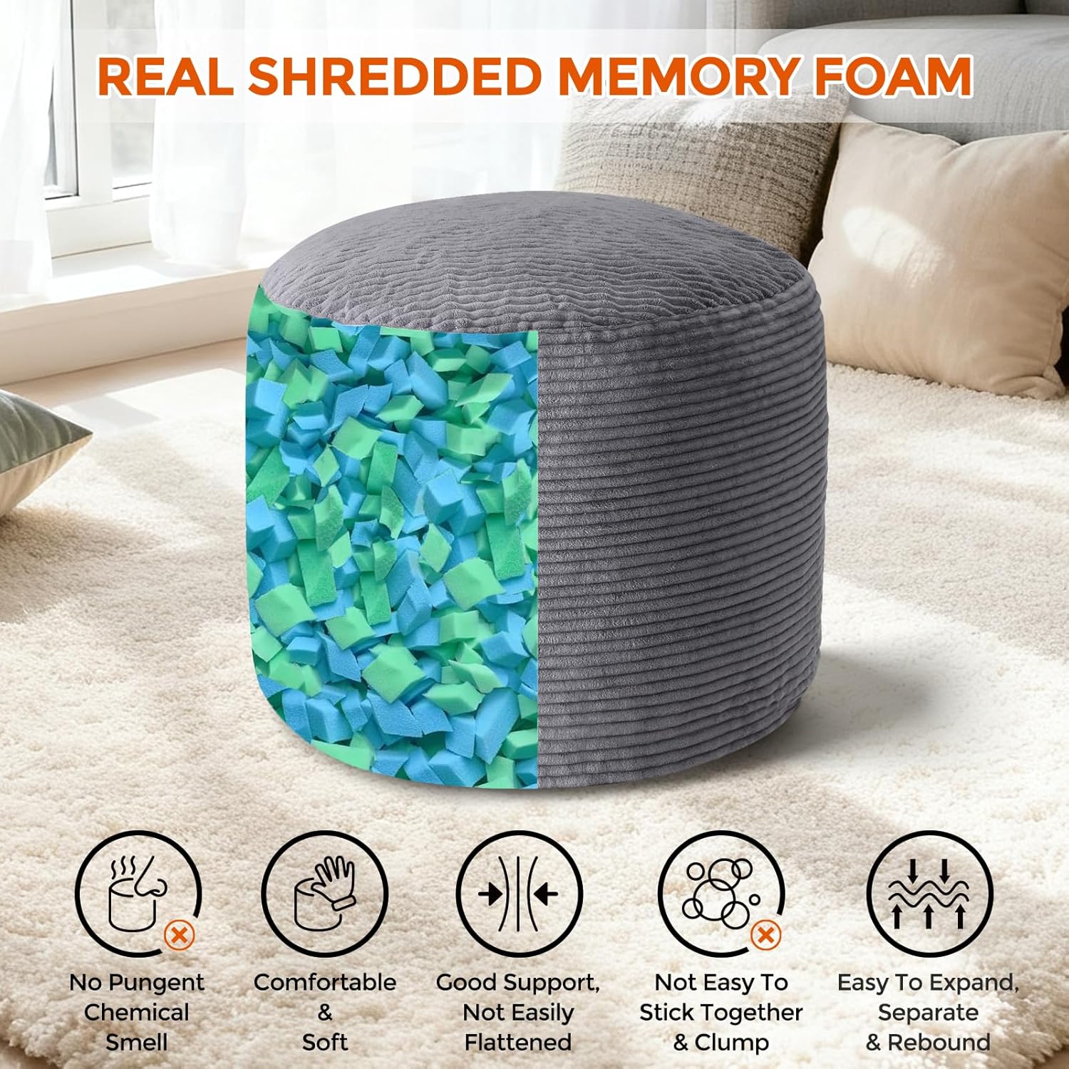 26" x 26" x 18" Pouf Ottoman Foot Rest, Pre-Stuffed Round Foot Stool with Odorless Shredded Memory Foam, Furry & Fluffy Corduroy Footrest for Living Room, Dark Grey