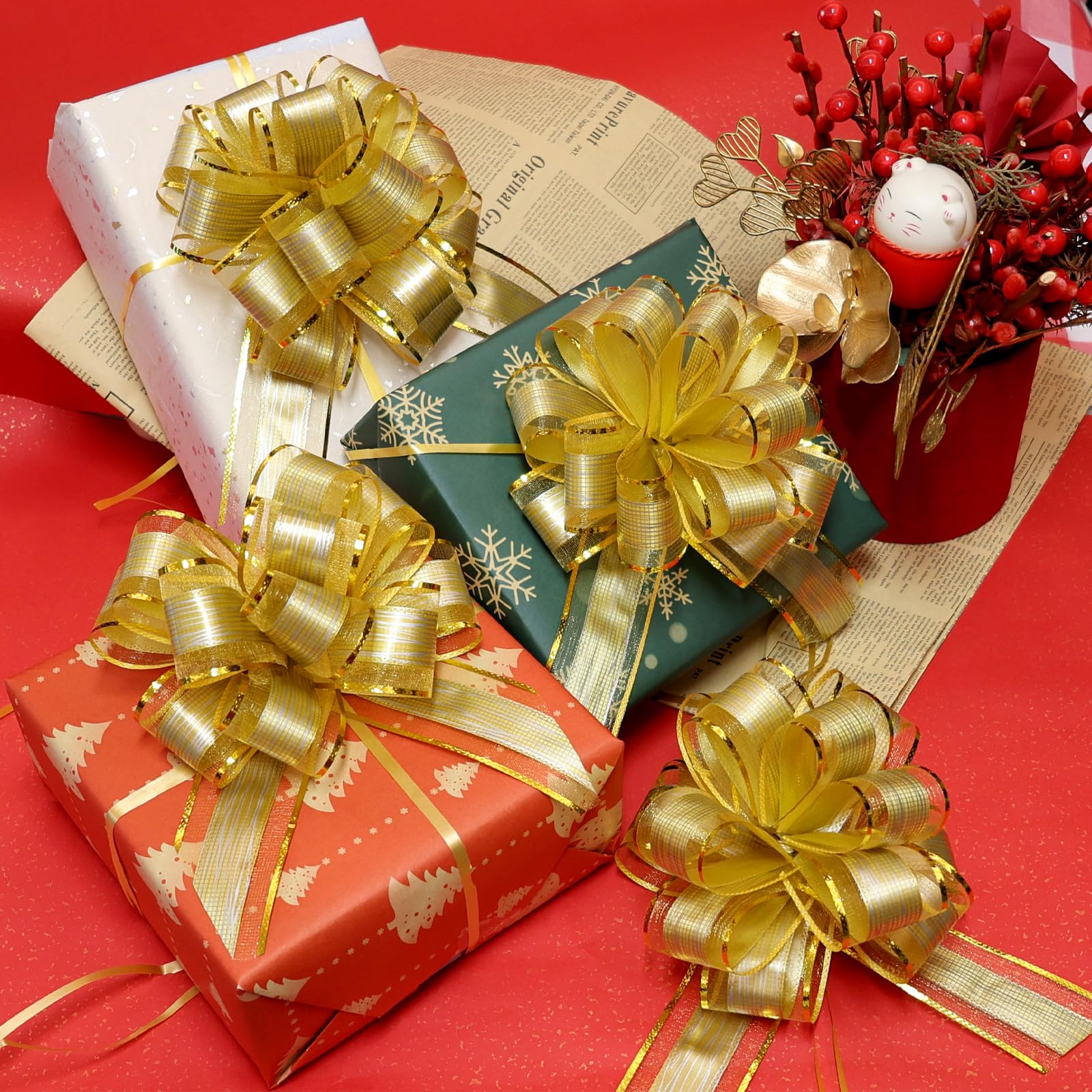 12 fiocchi da tirare per confezioni regalo, fiocco dorato, grande fiocco per Natale, matrimonio, anniversario, San Valentino, confezione regalo, fiocco per cesti di fiori, bouquet, oro