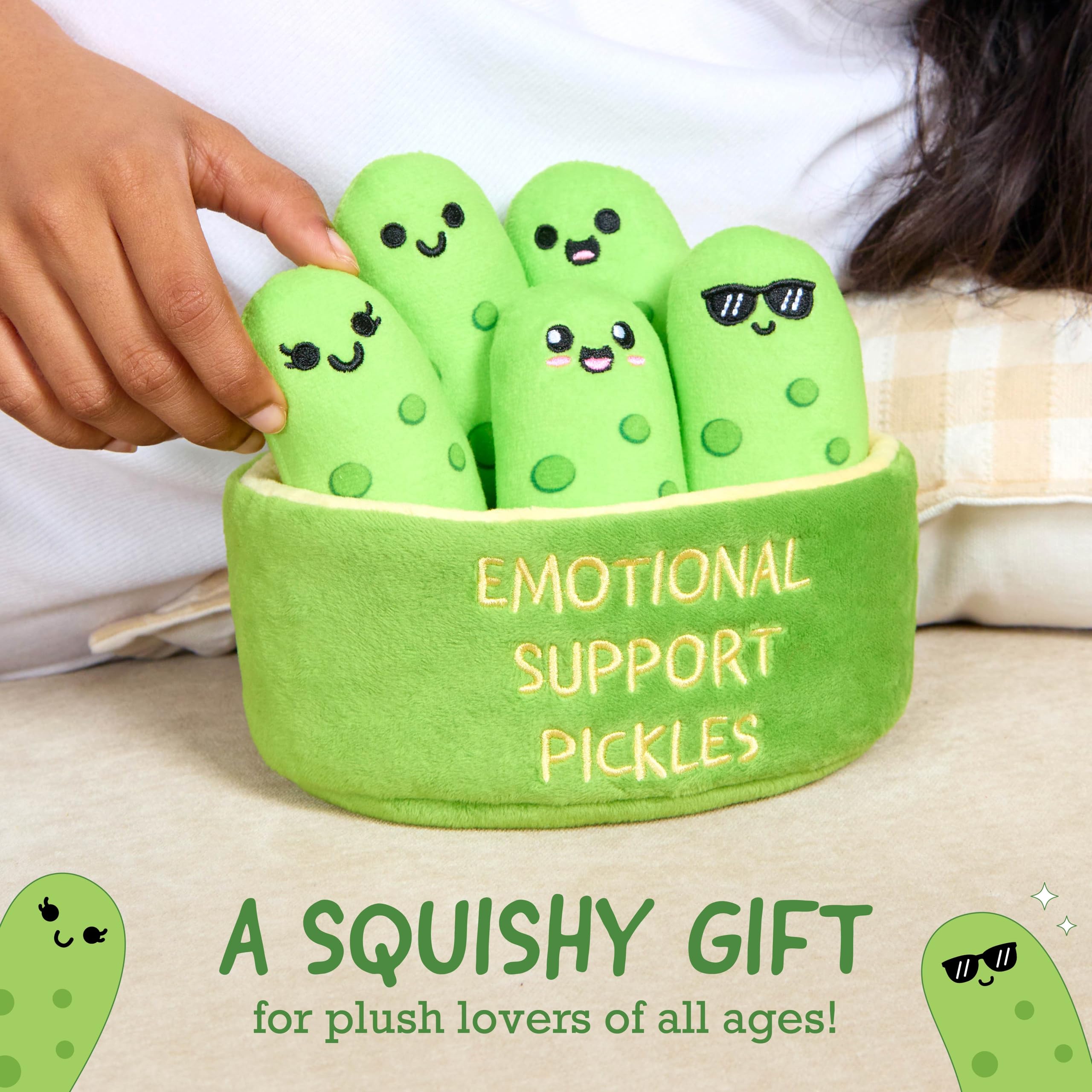 Emotional Support Pickles by Relatable, Cuddly Stuffed Animals and Toys, Squishy Toys and Plushies, Perfect Funny Pickle Gifts for Loved Ones of All Ages, Includes 5 Plushies with Carrying Basket