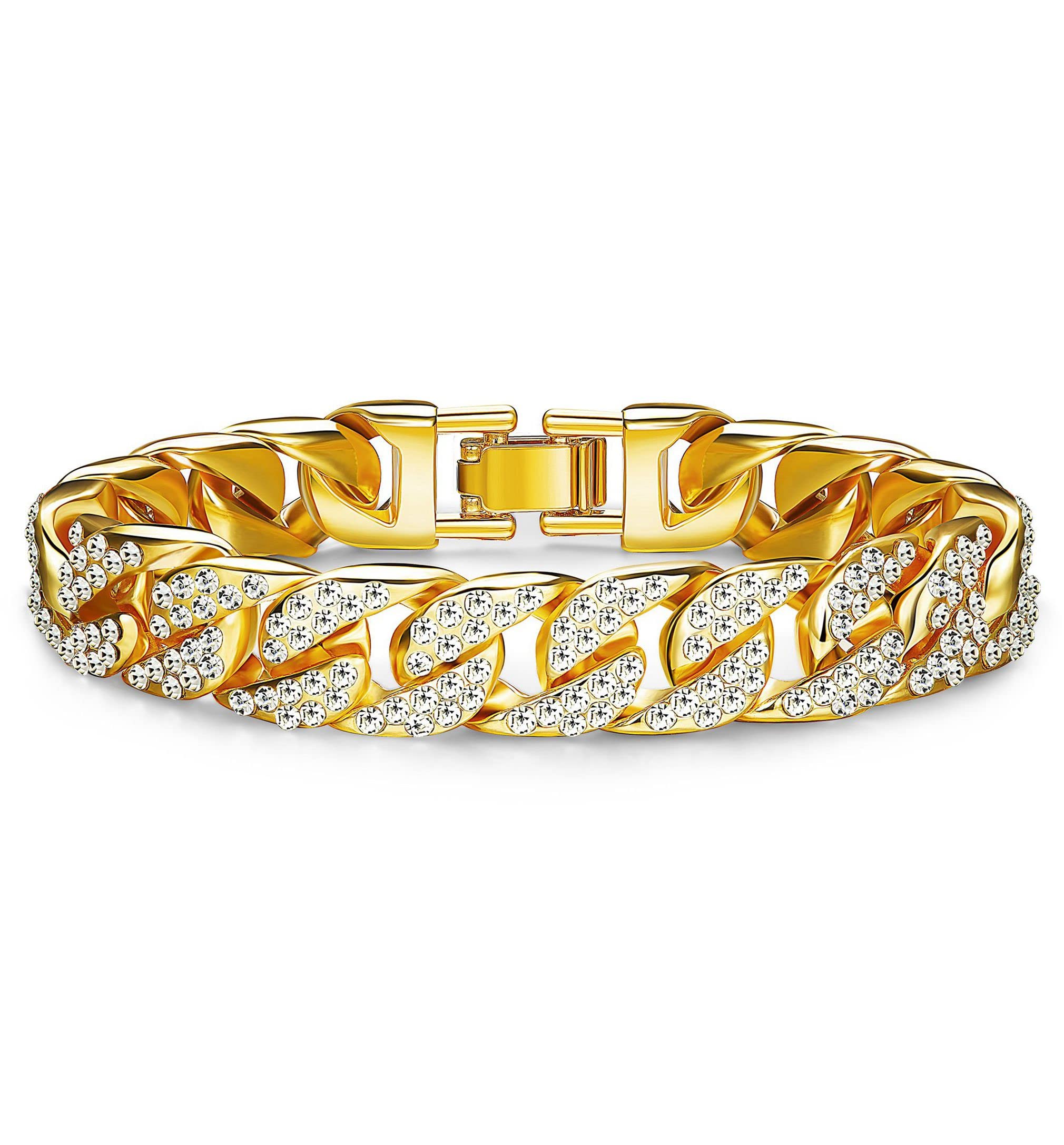 KALVICAMens Bracelets Cuban Chain Bracelet for Men 14MM Width Cubic Zirconia Bracelet Gold Silver Bracelet Length 22cm Jewellery Gifts for Father Boyfriend