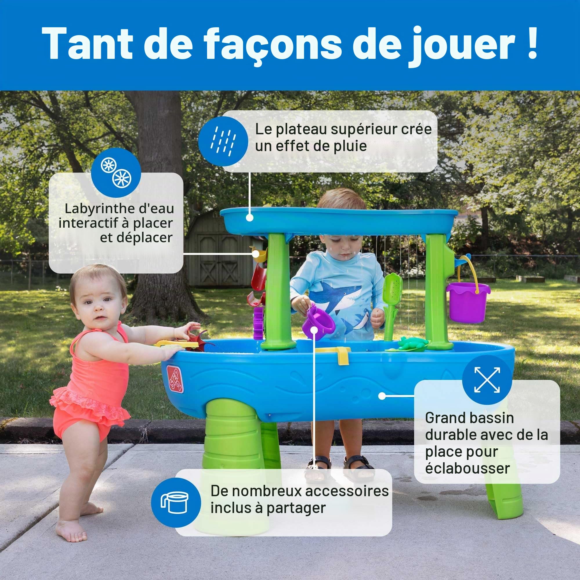 Step2 Rain Shower Splash Table d'eau avec 13 Accessoires - Bleu & Vert | Jeu extérieur Aquatique | Activité pour Le Jardin