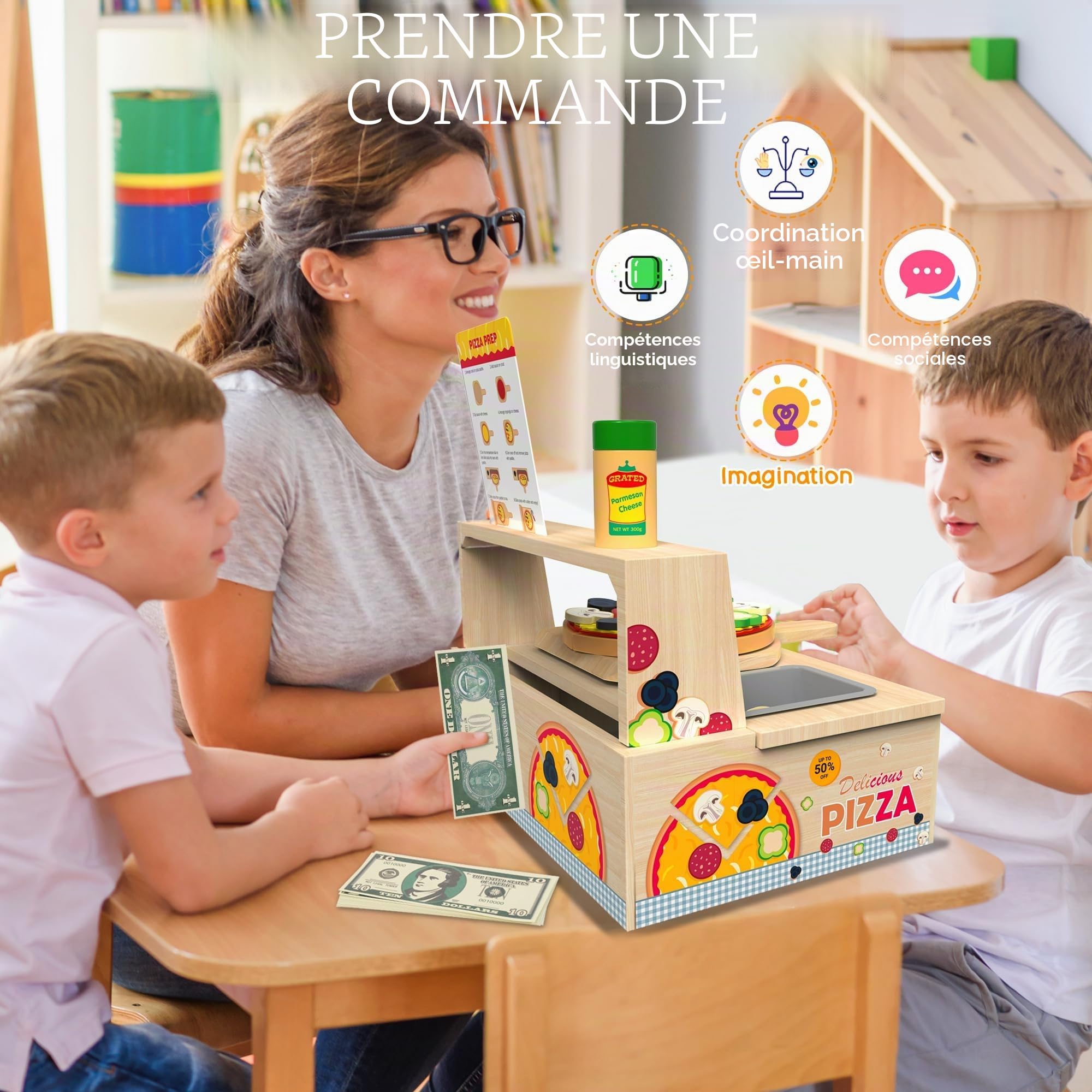 Jouet à pizza en bois 48 pcs Montessori faire semblant de jouer à la nourriture pour les enfants de 3 ans et + jouet d’apprentissage éducatif avec four de cuisson cadeau d’anniversaire de Noël pour