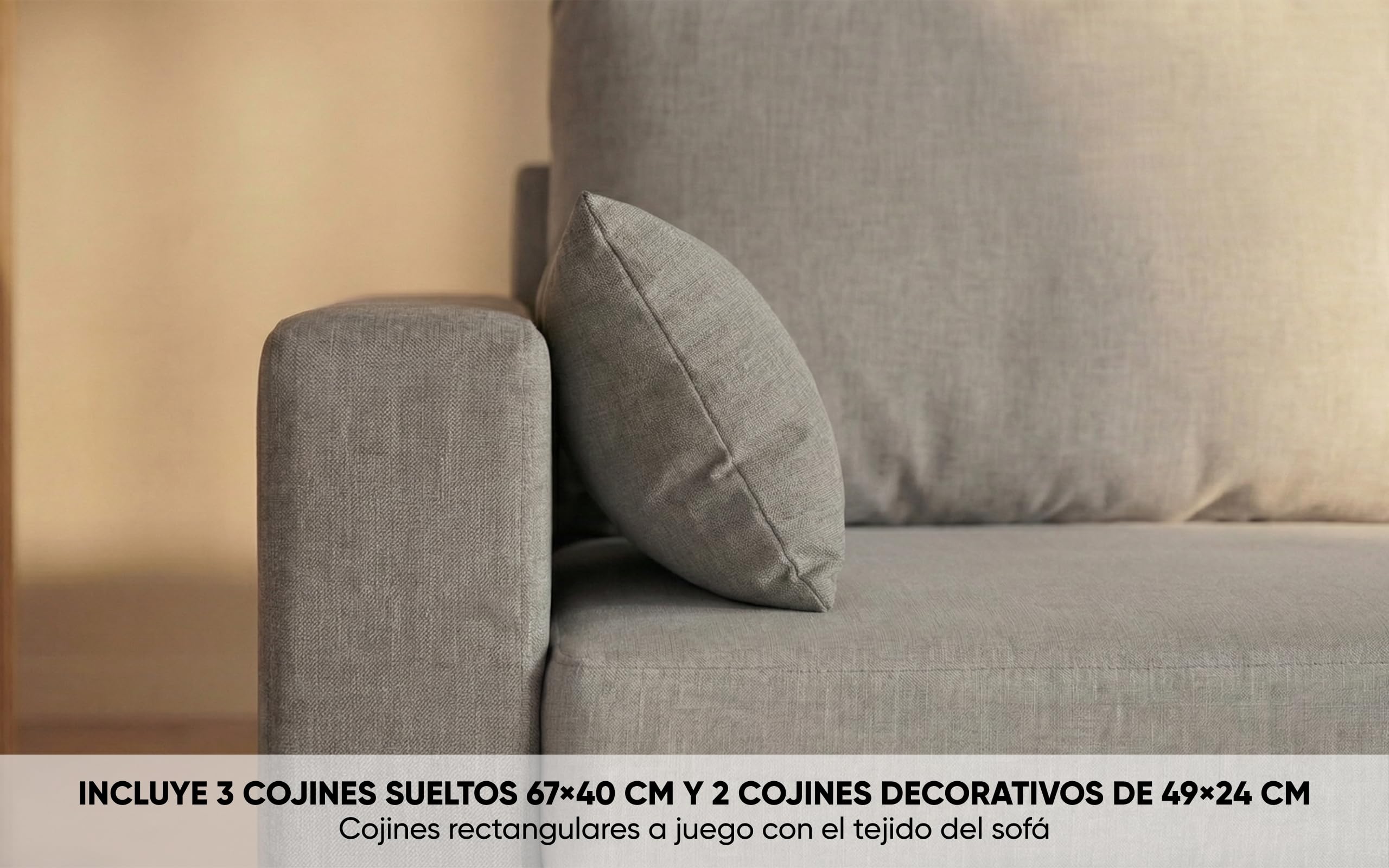 BUDWING Leah Sofá Cama Esquinero 3 Plazas - Chaise Longue Reversible y 2 Cojines Decorativos – Tapizado en Poliéster – Estilo Moderno – 233x124x69 cm – Gris Claro