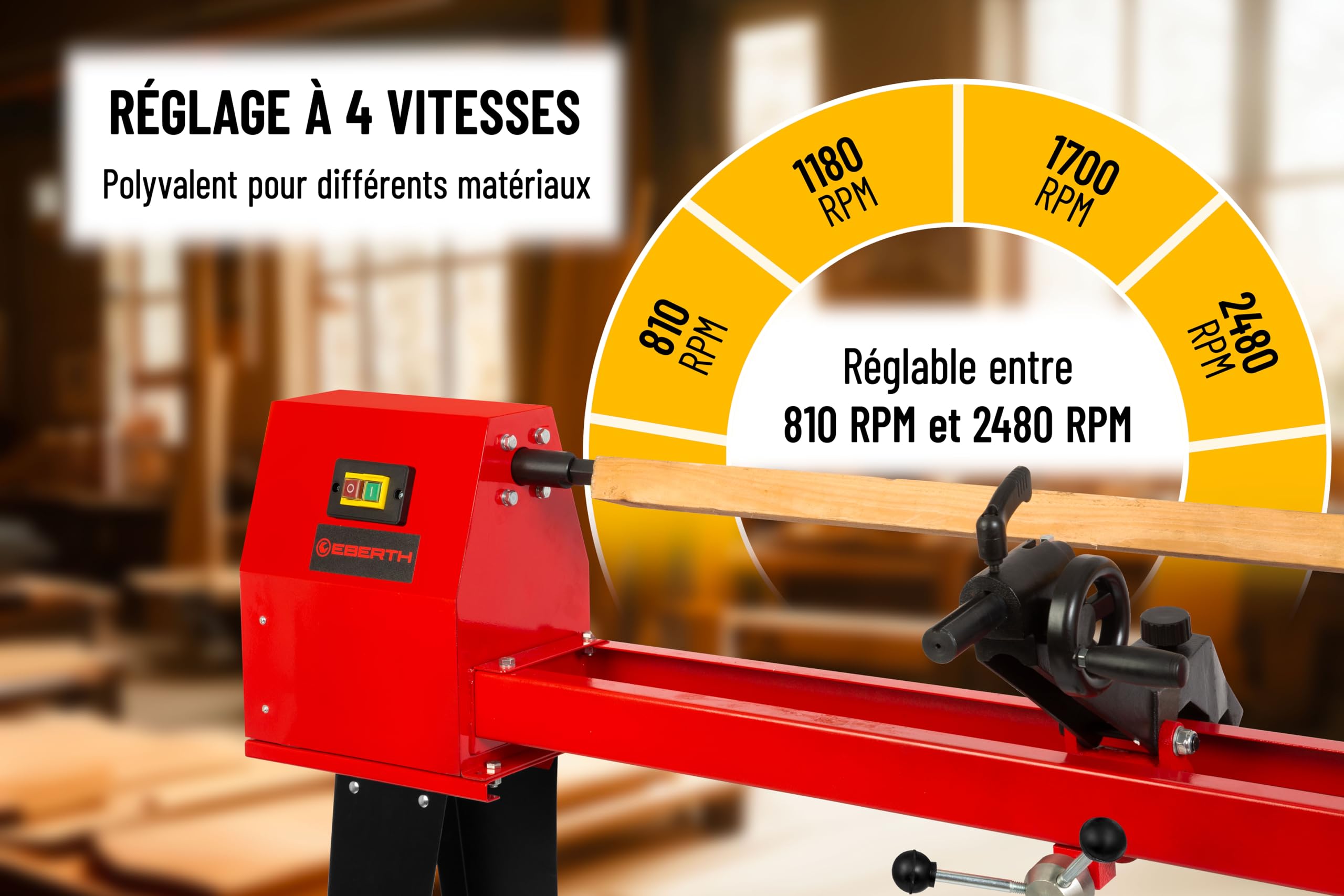 EBERTH Tour à bois 550 W pour le bois avec châssis stable – distance entre pointes 1000 mm, diamètre de tournage Ø 350 mm, entraînement par courroie à 4 vitesses, tour à bois stable