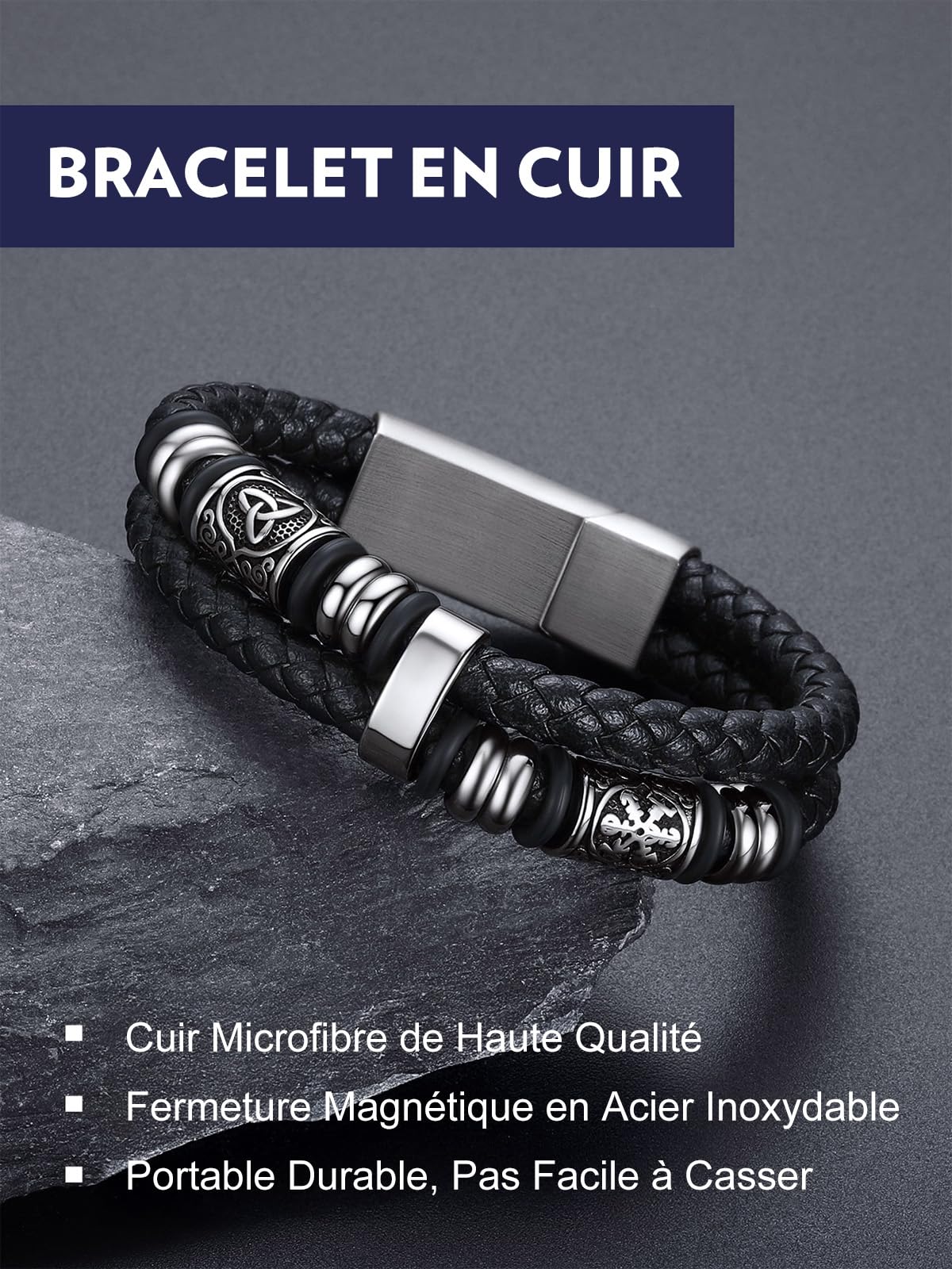 Bandmax Longueur de 19/21/23/25 cm, Bracelet Cuir Homme avec Fermoir Magnétique - Bracelet PU Tressé avec Manchette Double Couche - Pour Papa Fils Petit-ami - Cadeaux Fête des Pères