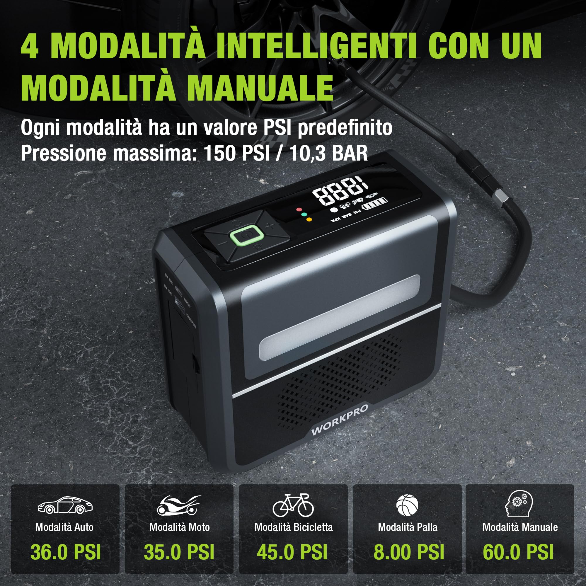 WORKPRO Compressore Aria Portatile 3-in-1 | con LED, Powerbank
