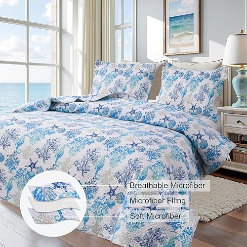 Miniatura 3 de Hailea Juego de cama con 2 fundas de almohada y 2 fundas de almohada, tamaño matrimonialking, tamaño matrimonial o king, diseño costero ligero para