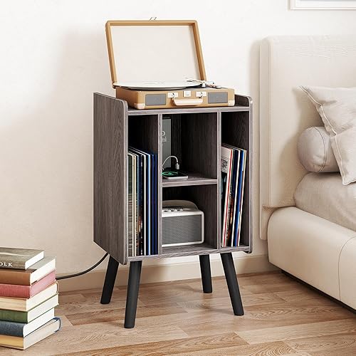 Miniatura 1 de Yusong Soporte para tocadiscos con estación de carga, mesa auxiliar de arena nocturna de mediados de siglo con armario de almacenamiento de discos