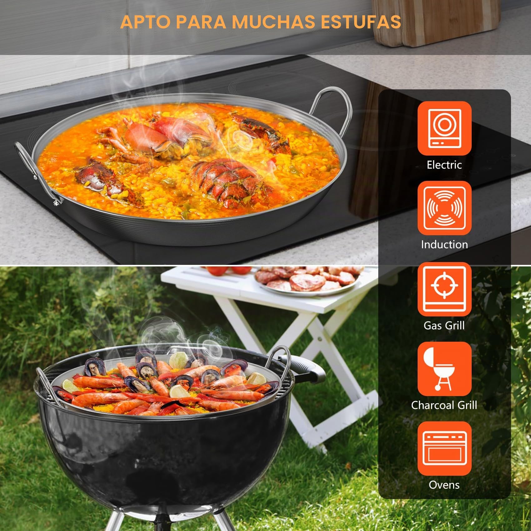 onlyfire Planchas para Barbacoa con Asas, Sartén para Paella, Plancha Redonda de 45cm, Sartén para Barbacoa de Gas para Todo Tipo de Cocinas, Barbacoa de Carbón y Horno