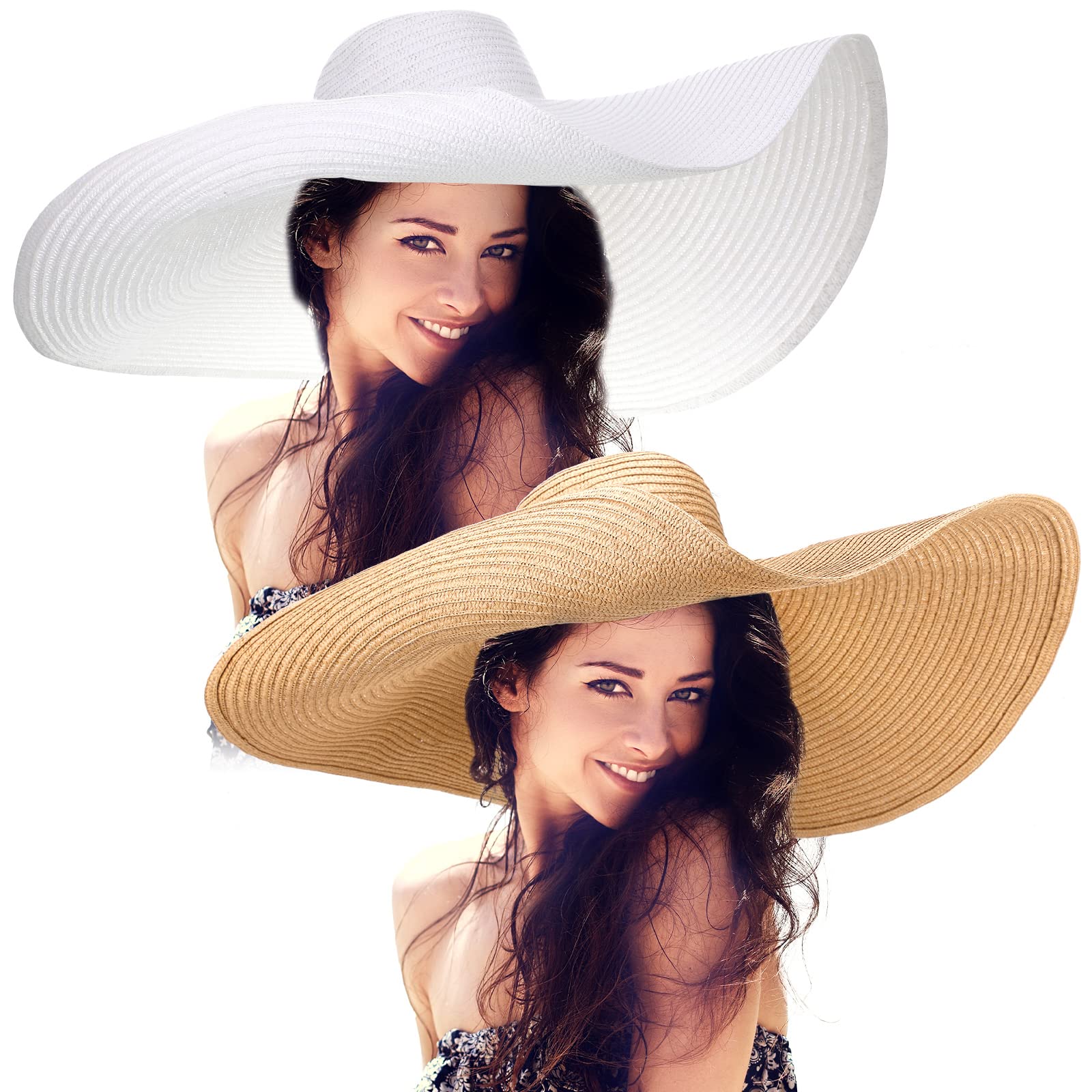 Sureio2 Pcs Oversized Beach Hat for Women UV Protection Large Wide Brim Foldable Beach Hat Floppy Beach Cap for Summer Outdoor