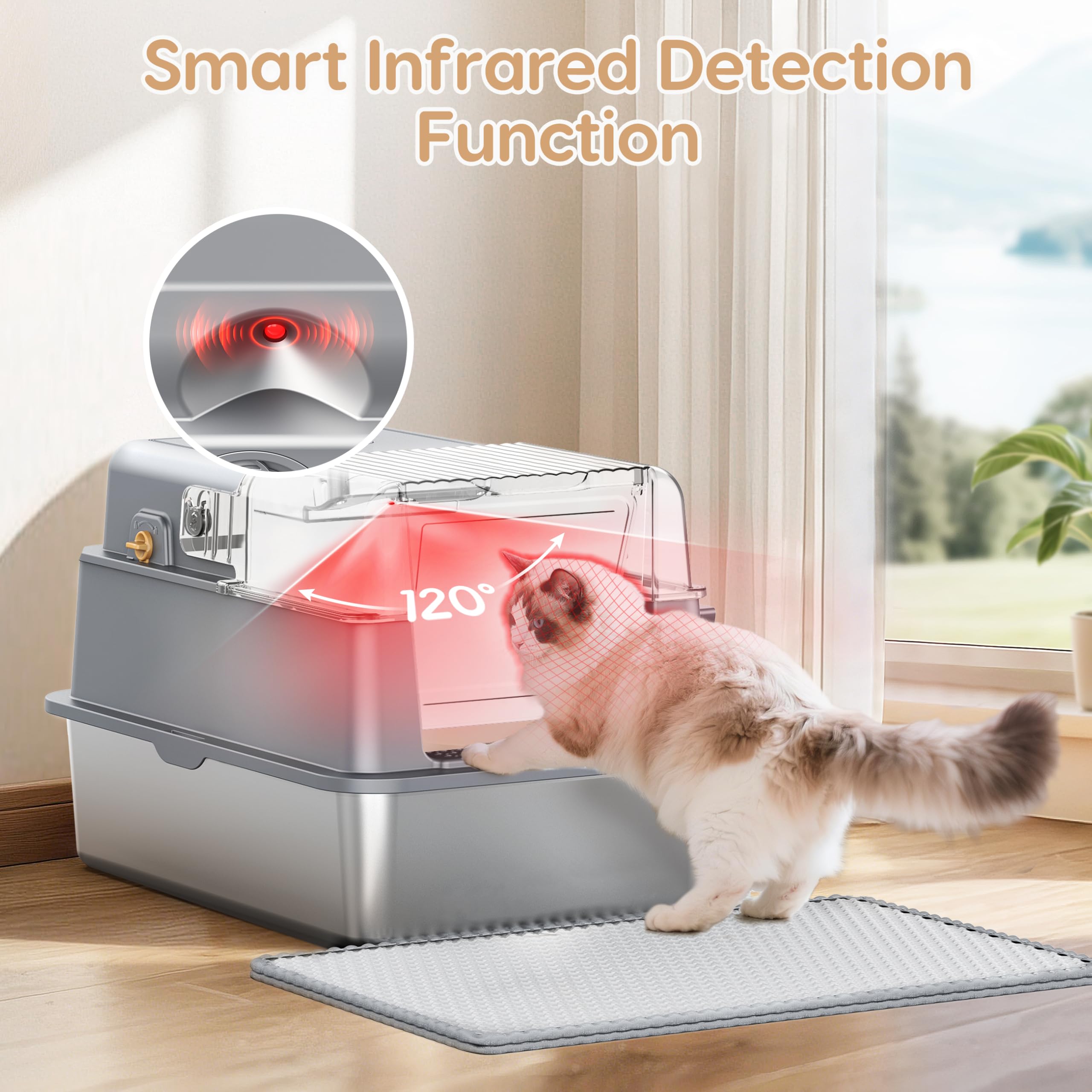 L7 Ultra-Stainless Steel Litter Box with Smart Odor Control System, XXL Extra Large Enclosed Metal Cat Litter Box with Lid for Kitty&Big Cats, High Sided Enclosure with Scoop & Mat, Anti-Leakage-Grey - image 3