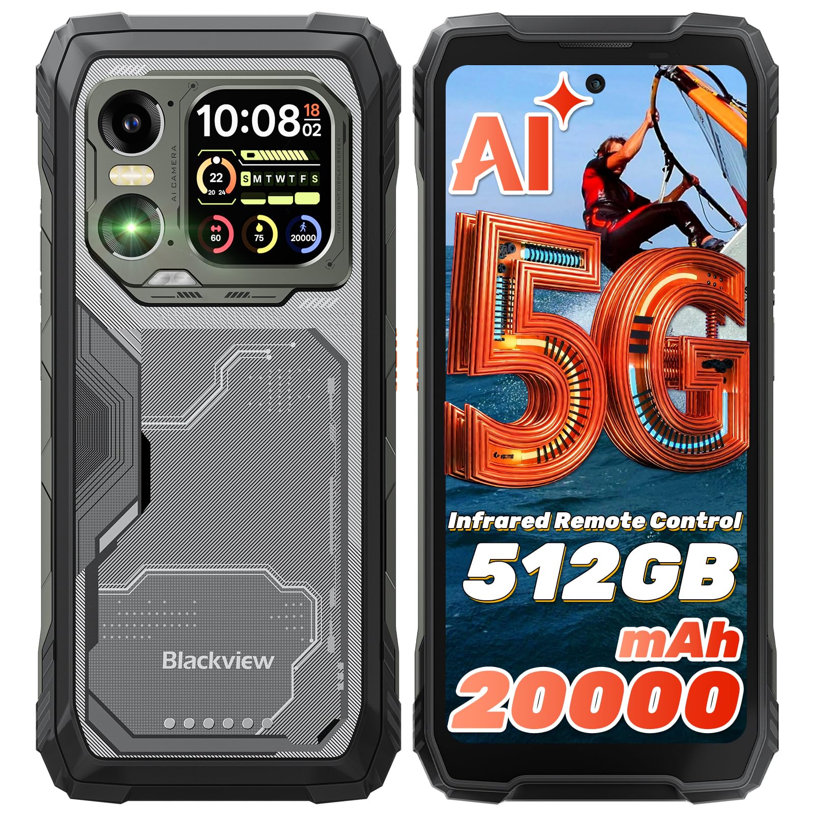 Blackview XPLORE 1 AI 5G Rugged Phone, 48GB+512GB/TF 2TB 20000mAh Battery Android 15, 6.78" 2.4K 120Hz Large Rugged Smartphone Unlocked, 64MP+20MP