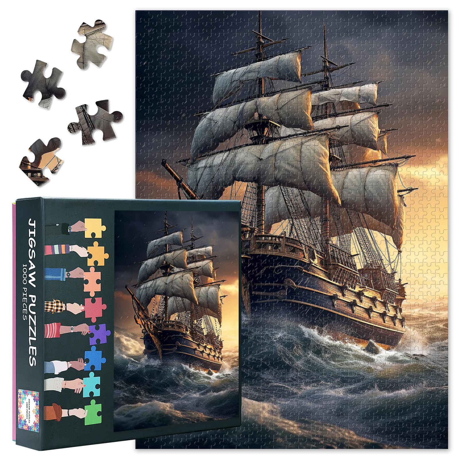 1000 Pieces Historic Sailing Ship Jigsaw Puzzles Sailing Boat Difficult Challenge Puzzle for Adults as Gifts for Family Party Pirate Ship Jigsaw Puzzle Artwork Home Decor 27.5"X19.7"