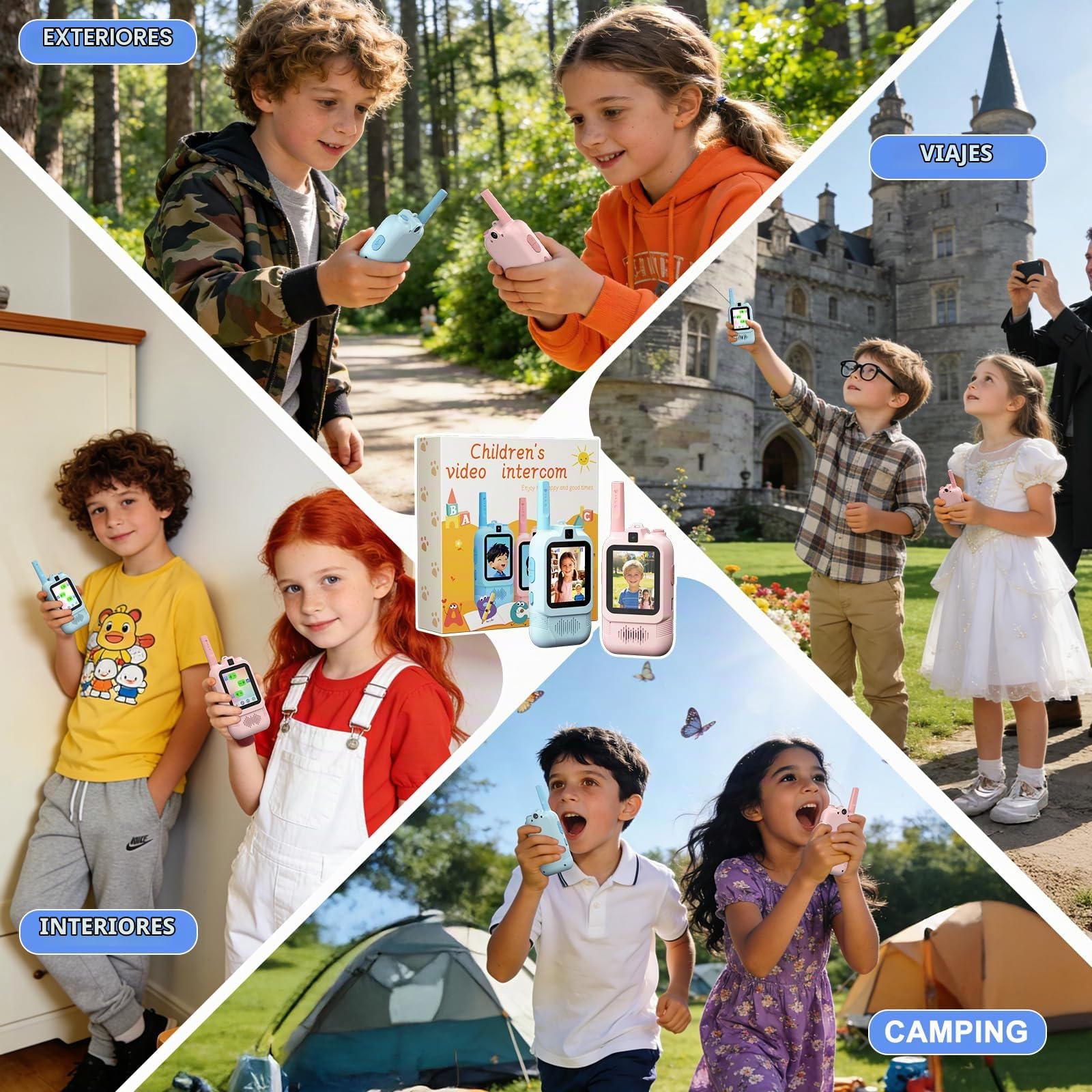 Walkie Talkies Videollamada para Niño con Cámara Doble(Paquete de 2), Walkie Talkies Recargable con Chat de Voz, Mensajería de Emojis, Regalo Ideal Cumpleaños para niños de 3 a 12 años