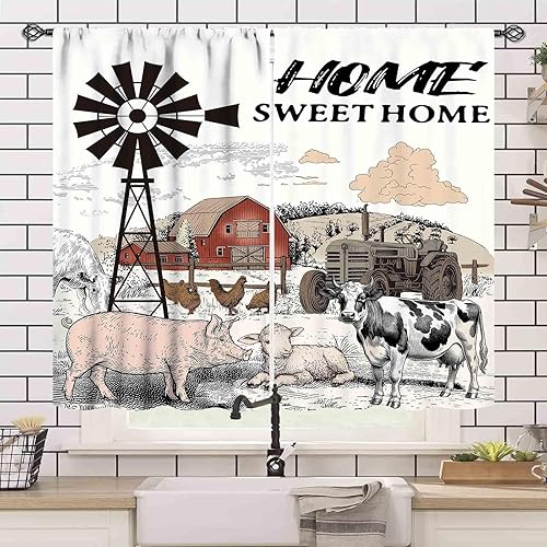 Miniatura 3 de Cortinas de cocina de granja, animales de granja rústica, gallo, pollo, leche, vaca, cerdo, molino de viento, granero rojo, retro, casa rural,
