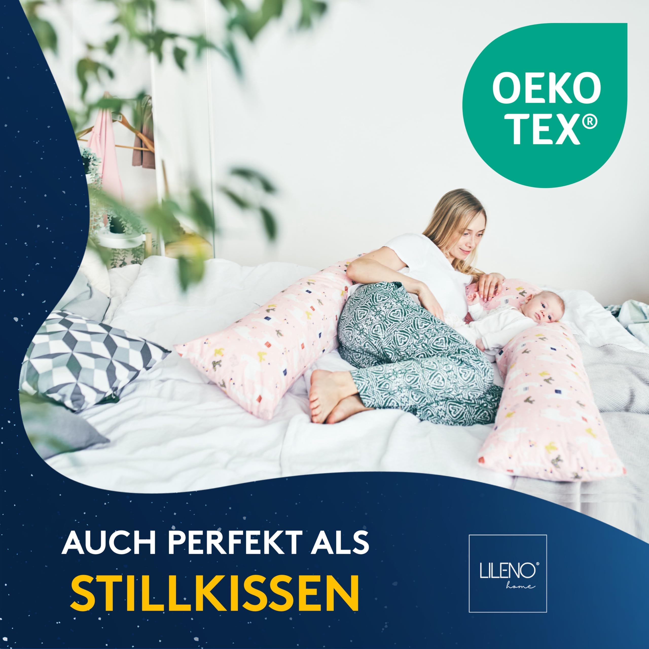LILENO HOME Coussin pour dormir sur le côté, 40 x 145 cm, lot de 2 (remplissage de 1100 g), coussin d'allaitement avec coussin intérieur amovible, 40 x 145 cm, pour femmes enceintes et nouveau-nés