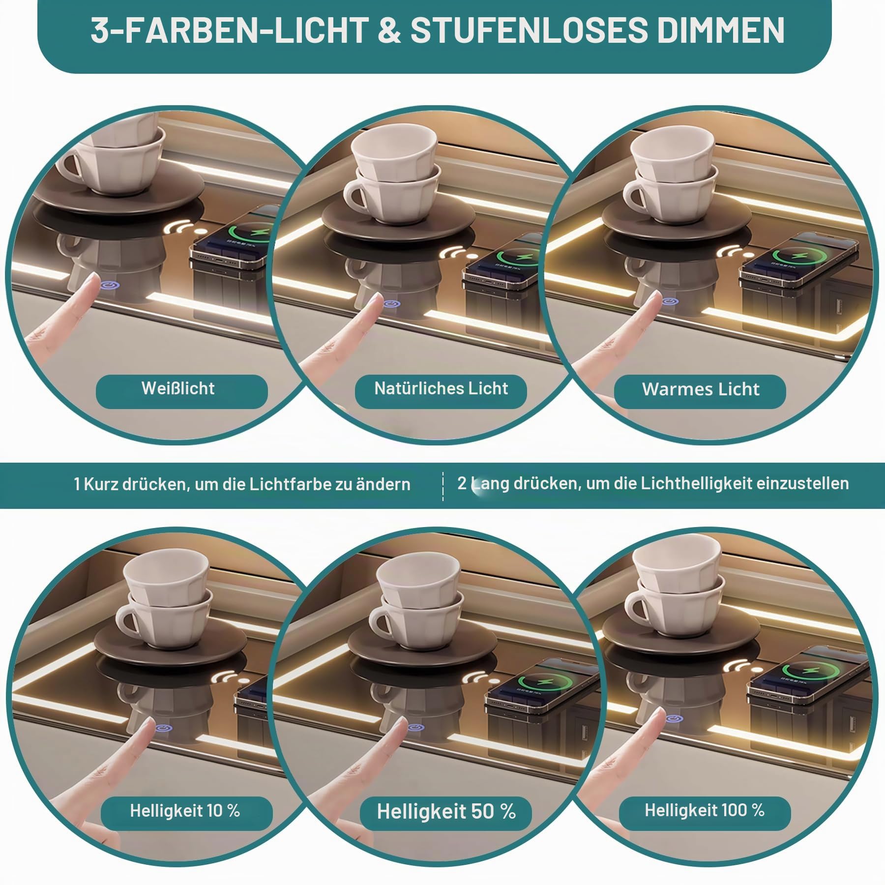LED Nachttisch Weiß 2er Set, mit 3 Schubladens, Bluetooth-Lautsprecher, 3 Licht Dimmbar, Automatischer Sensor und Kabelloses Laden, Modern Intelligent Sofatisch