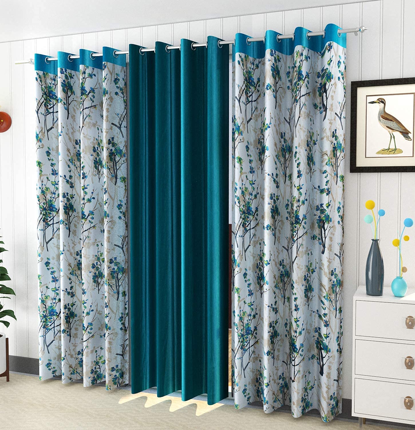 Parda Sansar Floral Curtains For Long Door 9Feet Pack Of 3 - Polyester Curtain Panel For Living Room Bedroom & Hall - 1 Plain & 2 Printed Grommet Curtains Drapes For Home Kitchen & Office, 9 Feet, Aqua Blue (B097TD3WQZ) Amazon Price History, Amazon Price Tracker