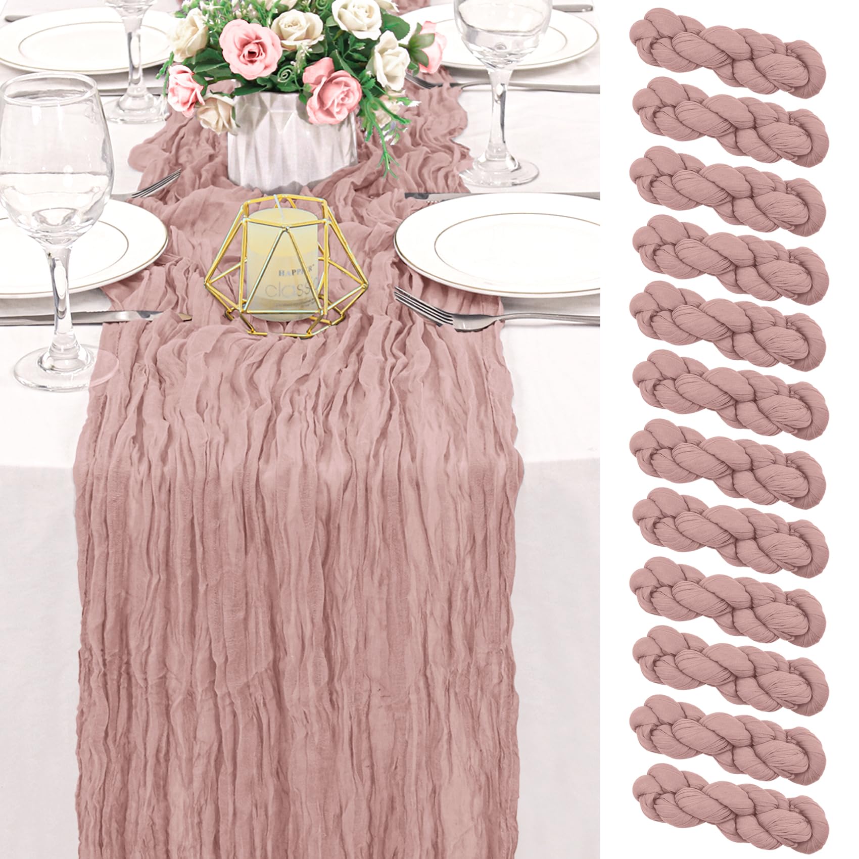 12 Pack 120 Inch Dusty Pink Cheesecloth Table Runner Boho Rustic Gauze Sheer Romantic 10 FT Long Cheese Cloth Table Runner for Bridal Baby Shower