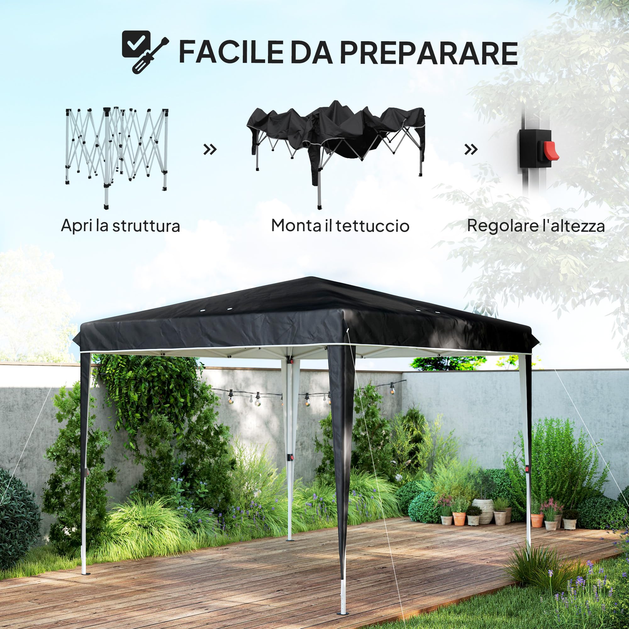 Outsunny Gazebo 3x3 m Pieghevole Pop Up Regolabile da Esterno Nero | Fori di Drenaggio, Metallo e Tessuto Oxford, Sacca di Trasporto, UV50+, per Giardino Feste Campeggio