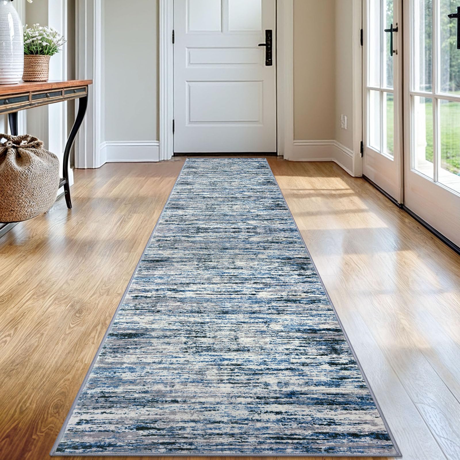 Lansny Modern Abstract Runner Rug 2x12, Grey Blue White Washable Long Kitchen Runner Non-Slip Soft Hallway Rug Runner Thin Print Faux Wool Carpet for