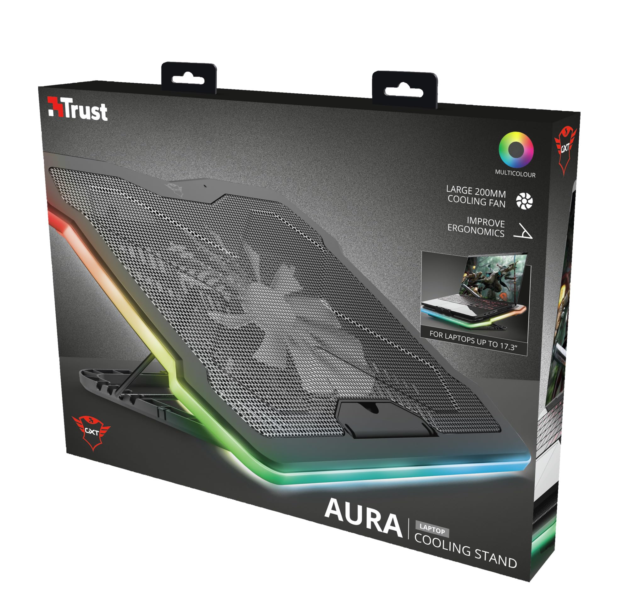 Trust Gaming GXT 1126 Aura Wielokolorowy podświetlany stojak chłodzący do laptopów o przekątnej do 43.9 cm, chłodziarka do laptopa z regulowaną prędkością, tryb ciszy, zasilanie USB do gier, czarny