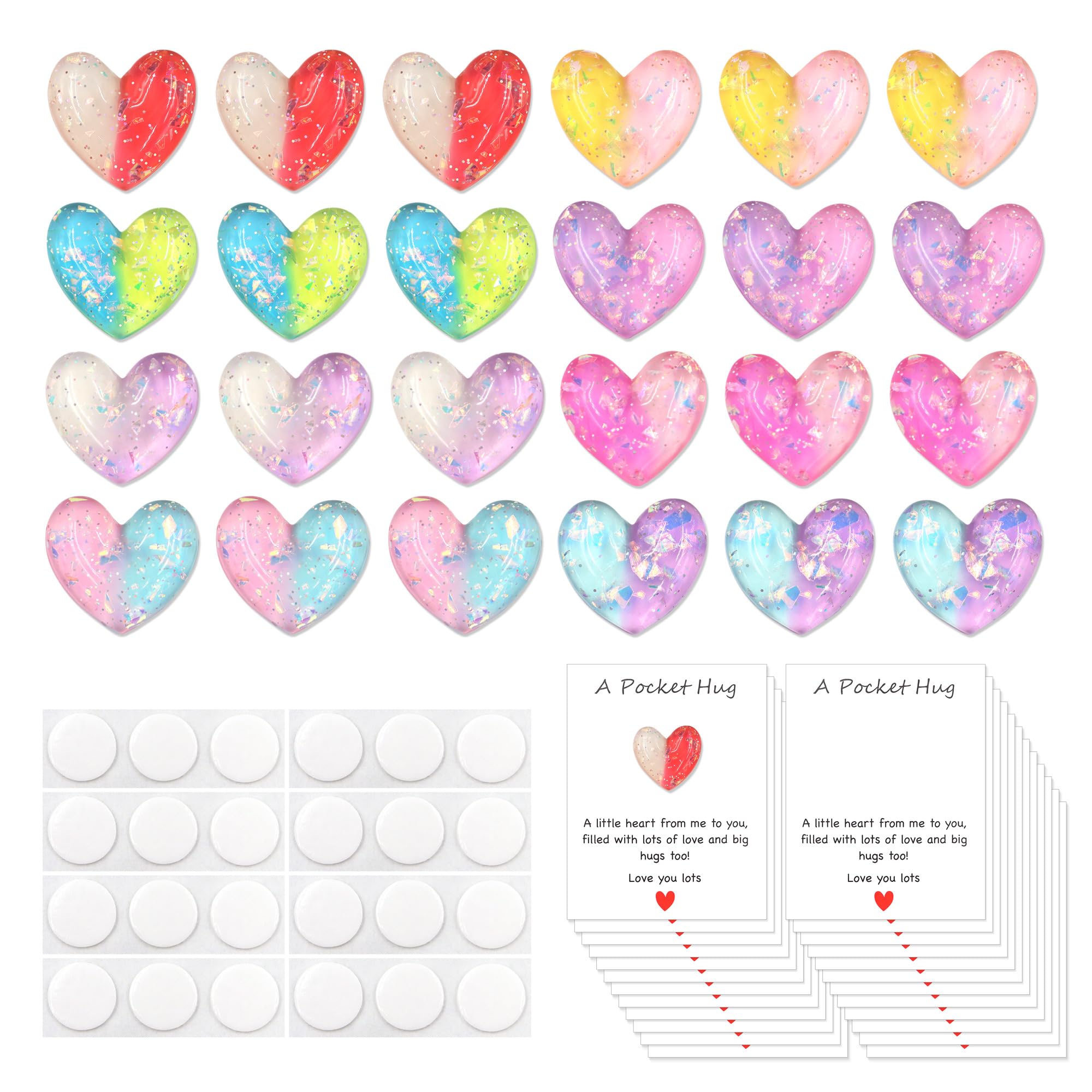 Wenfubrixa 24 Set Pocket Hugs with Greeting Card, Pocket Hug Token with Resin Hearts, Inspirational Cards Keepsake for Friend Family, Distant Social Present, Relationship Gift (8 Colors)