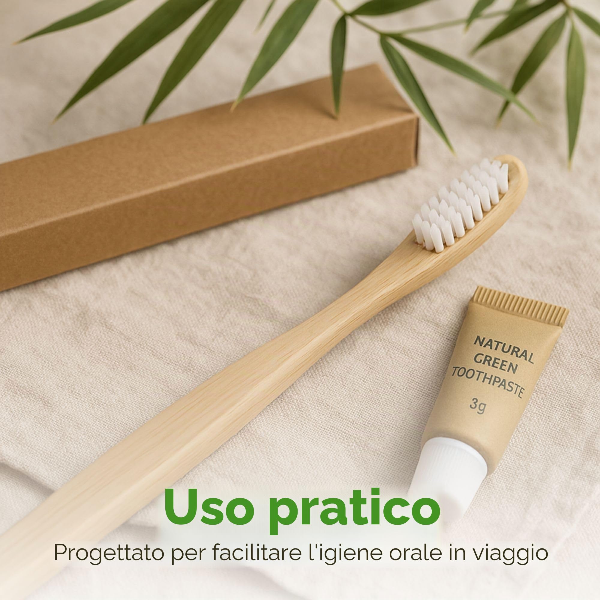 Confezione da 50 set dentali con spazzolino da denti in bambù e dentifricio da 3 g - manico naturale - astuccio singolo riciclato - set dentale ecologico per alberghi, cliniche e alloggi