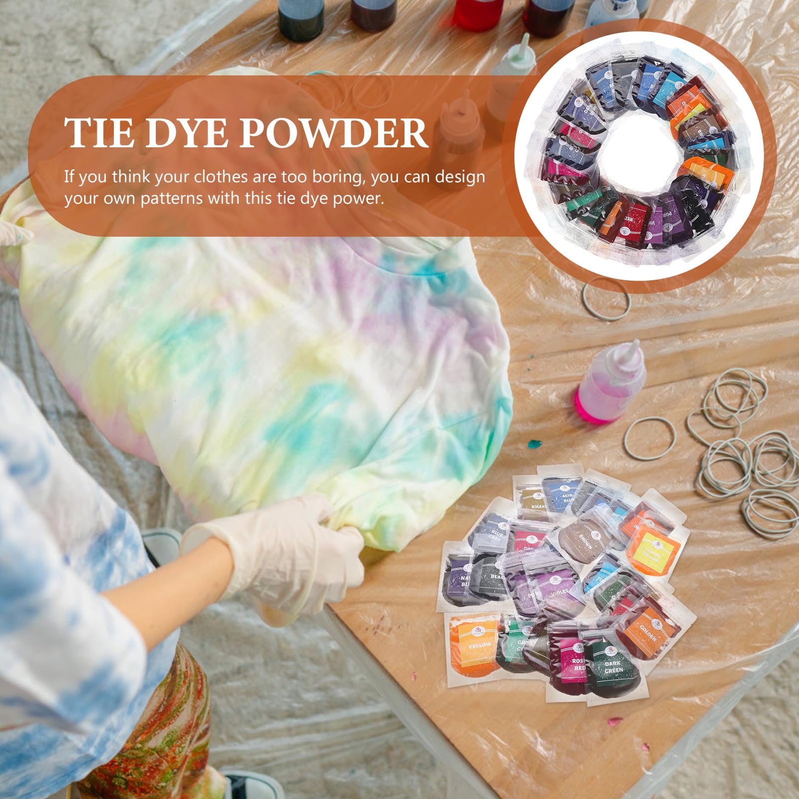 Toddmomy Kit de teñido tie-dye de 24 piezas, 24 colores, juego de tintes en | Tinte en polvo de colores para camisetas y textiles de algodón, perfecto para manualidades infantiles y actividades de