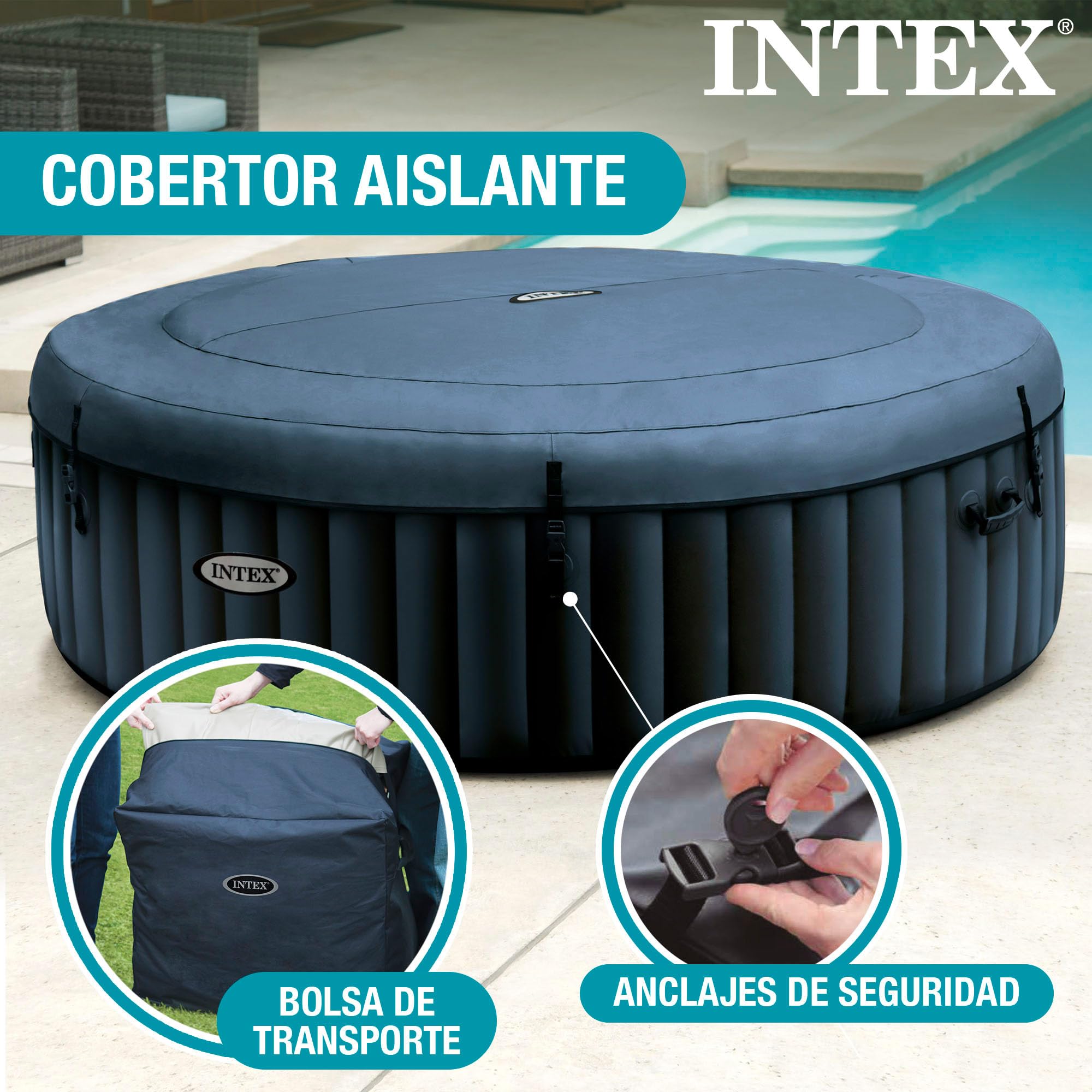 Intex SPA Hinchable Circular, 6 Personas, Ø216x71, Calentador hasta 40ºC, 170 Salidas de Burbujas, Suelo térmico, Depuradora Filtro S1, Accesorios incluidos (55089)