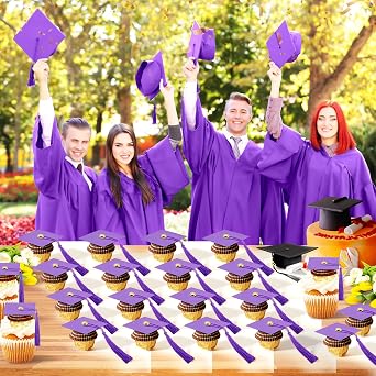 Tinlade 50 Pcs Graduation Decoration 2026 Graduation Cap Cupcake Toppers Chocolate Mini Cap Decor with Tassel Theme Party (Purple)