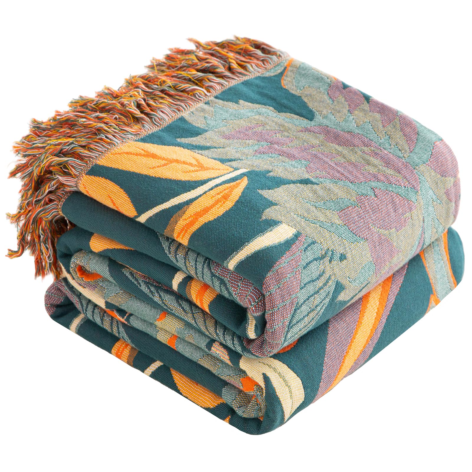 SE SOFTEXLY Coperta boho 100% cotone - copriletto in mussola double-face 230x250cm, coperta patchwork, accogliente coperta da divano e copriletto, arancione/verde