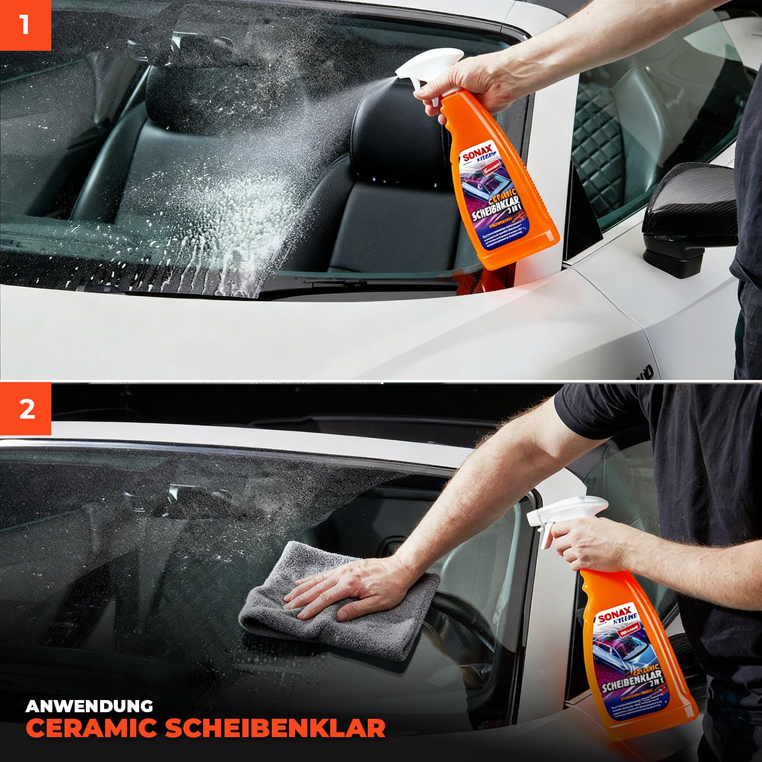 Auto Glasreiniger und Versiegelung Set: SONAX XTREME Ceramic ScheibenKlar 2in1 Glasversieglung 750ml + 2x Glasreinigungstücher | Scheibenreiniger Außen mit Abperleffekt für Autoscheiben